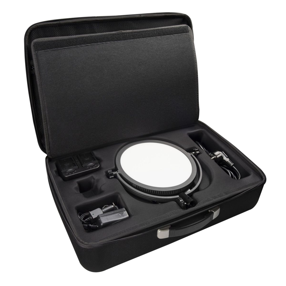 Custodia nera aperta, rivelando luce circolare, accessori e caricabatterie.