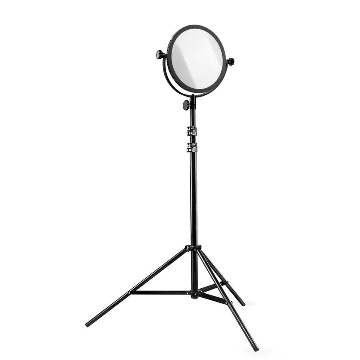 Un supporto nero alto con una luce circolare, utilizzato per la fotografia.