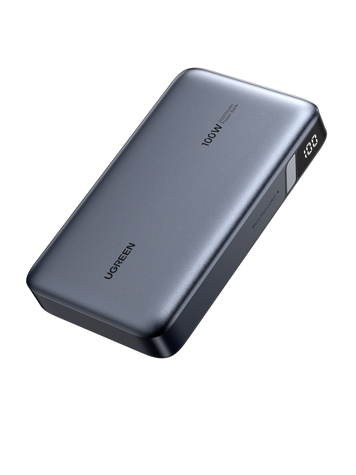 Ciemnoszary power bank. Ma napis 100W i ekran wyświetlający 100.