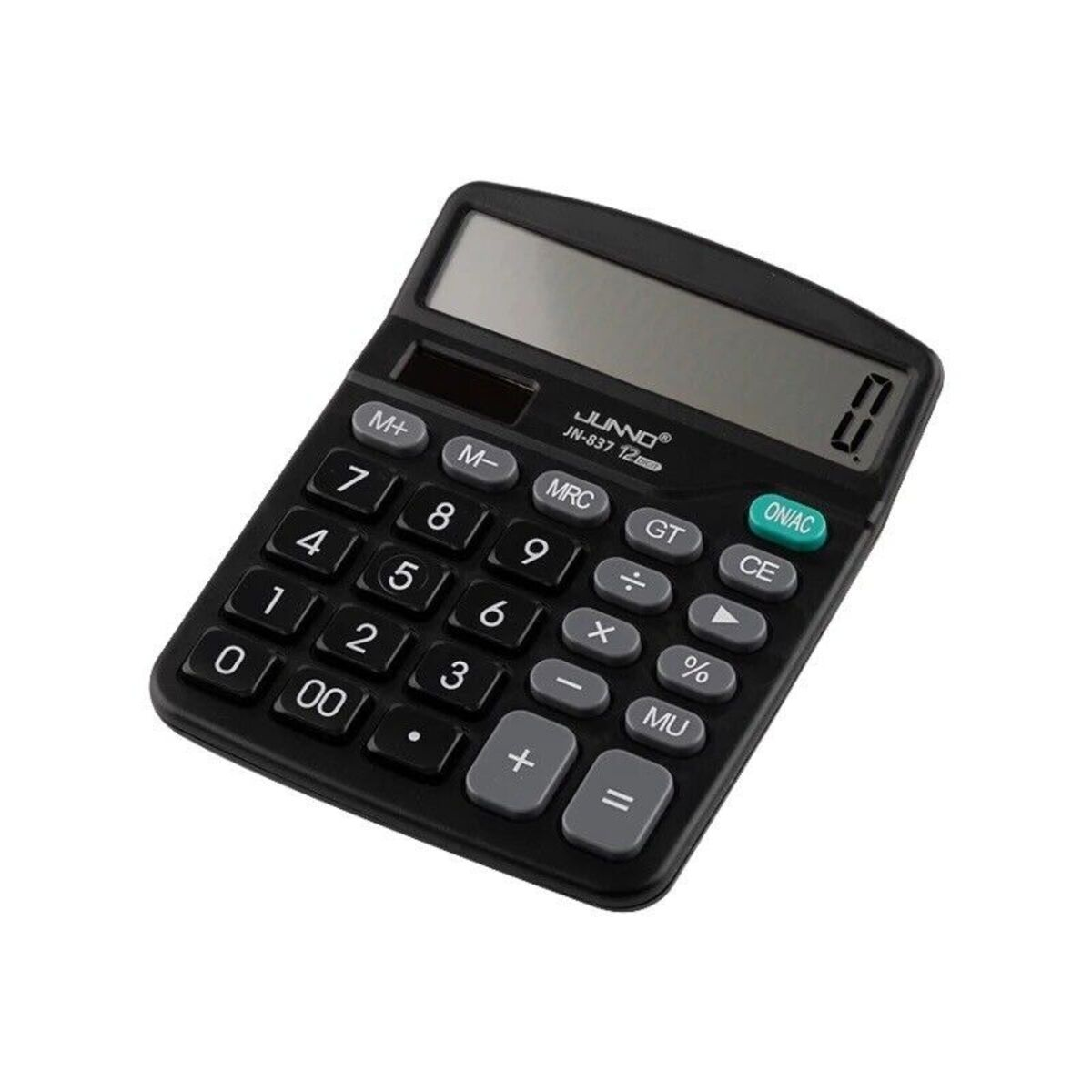 Schwarzer Taschenrechner mit digitaler Anzeige und Tasten. Der Taschenrechner befindet sich auf weißer Oberfläche.