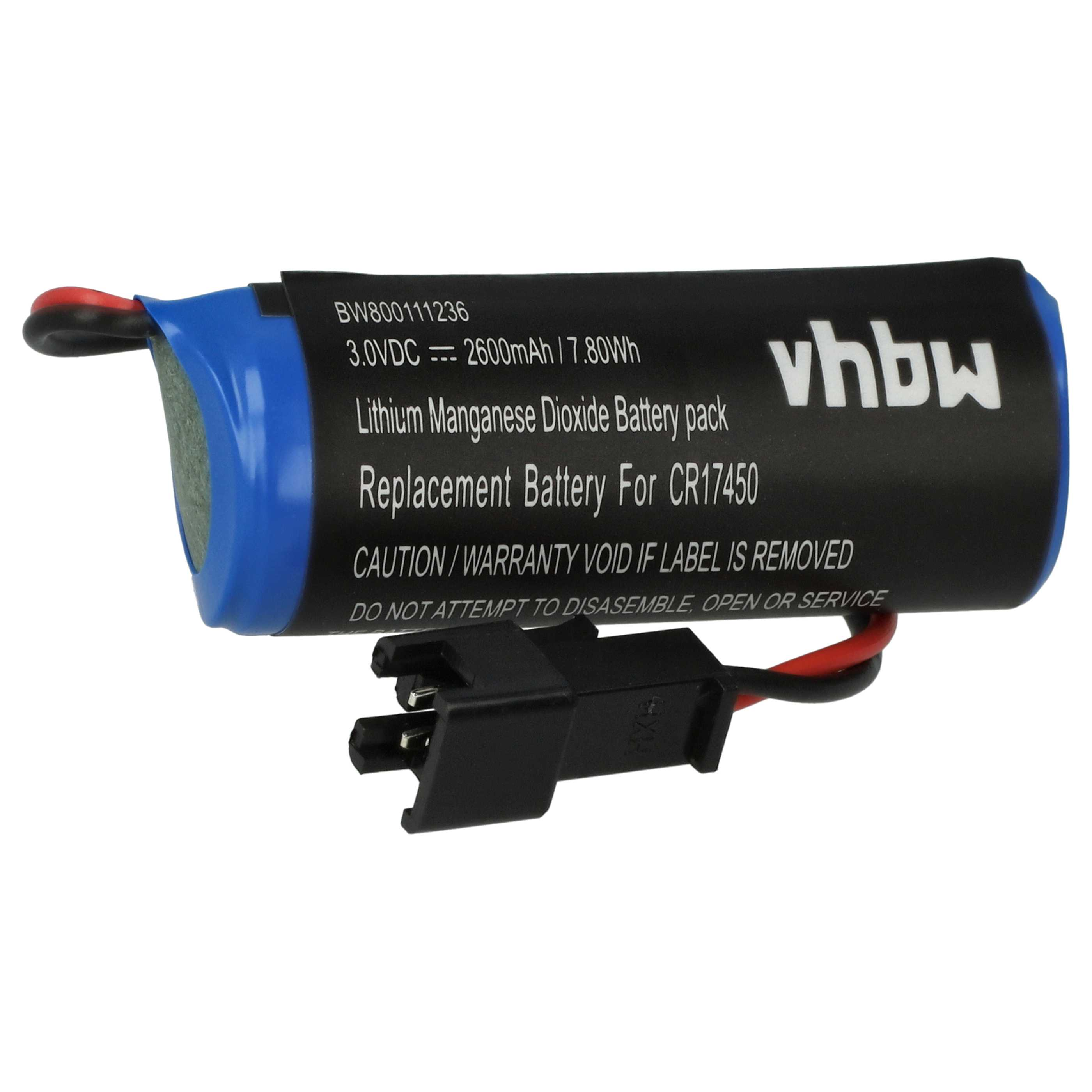 Blaue und schwarze vhbw Batterie mit Anschlussdrähten und einem Stecker.