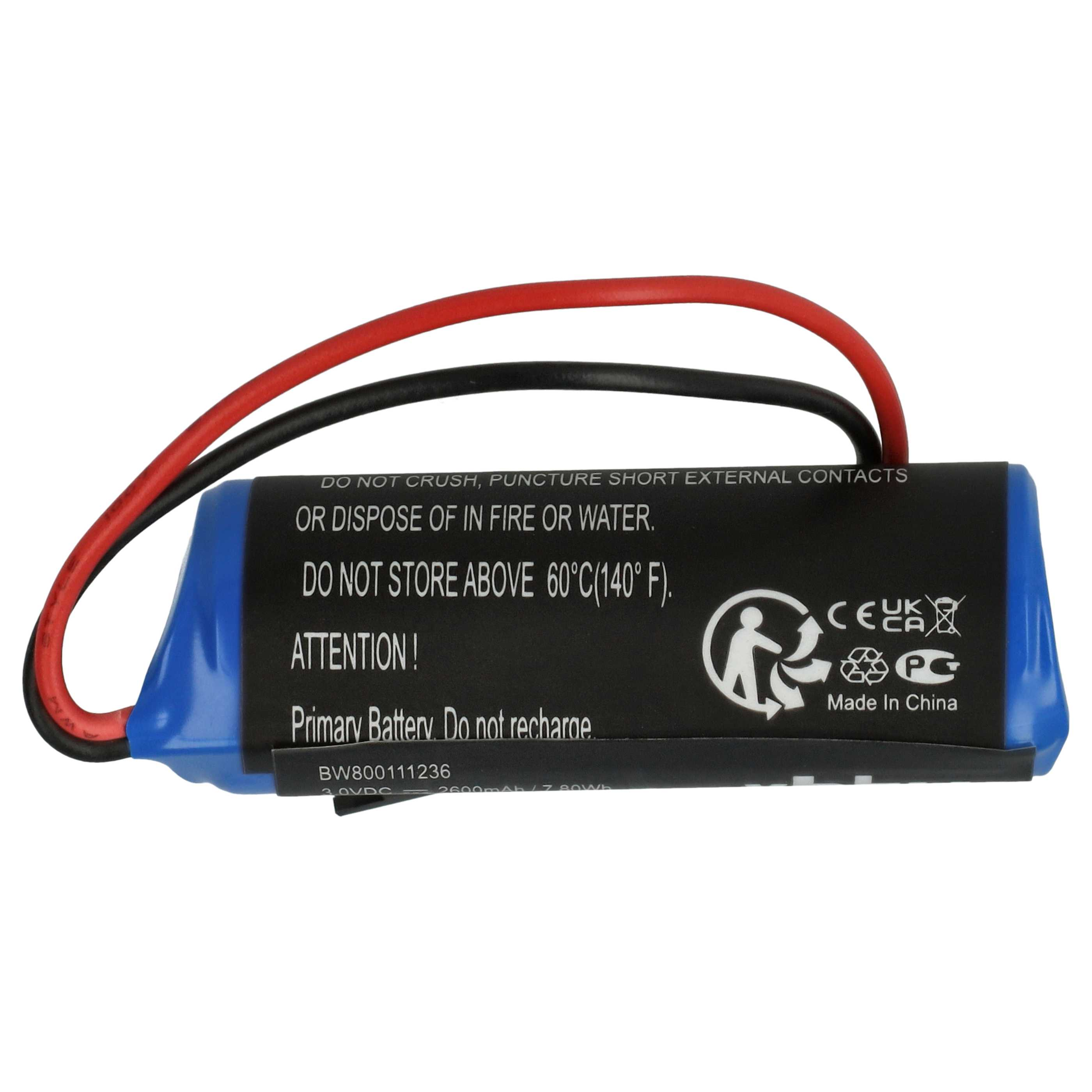 Blaue Batterie mit schwarzen und roten Drähten. Warnhinweise vor Quetschen und Lagerung über 60°C (140°F).