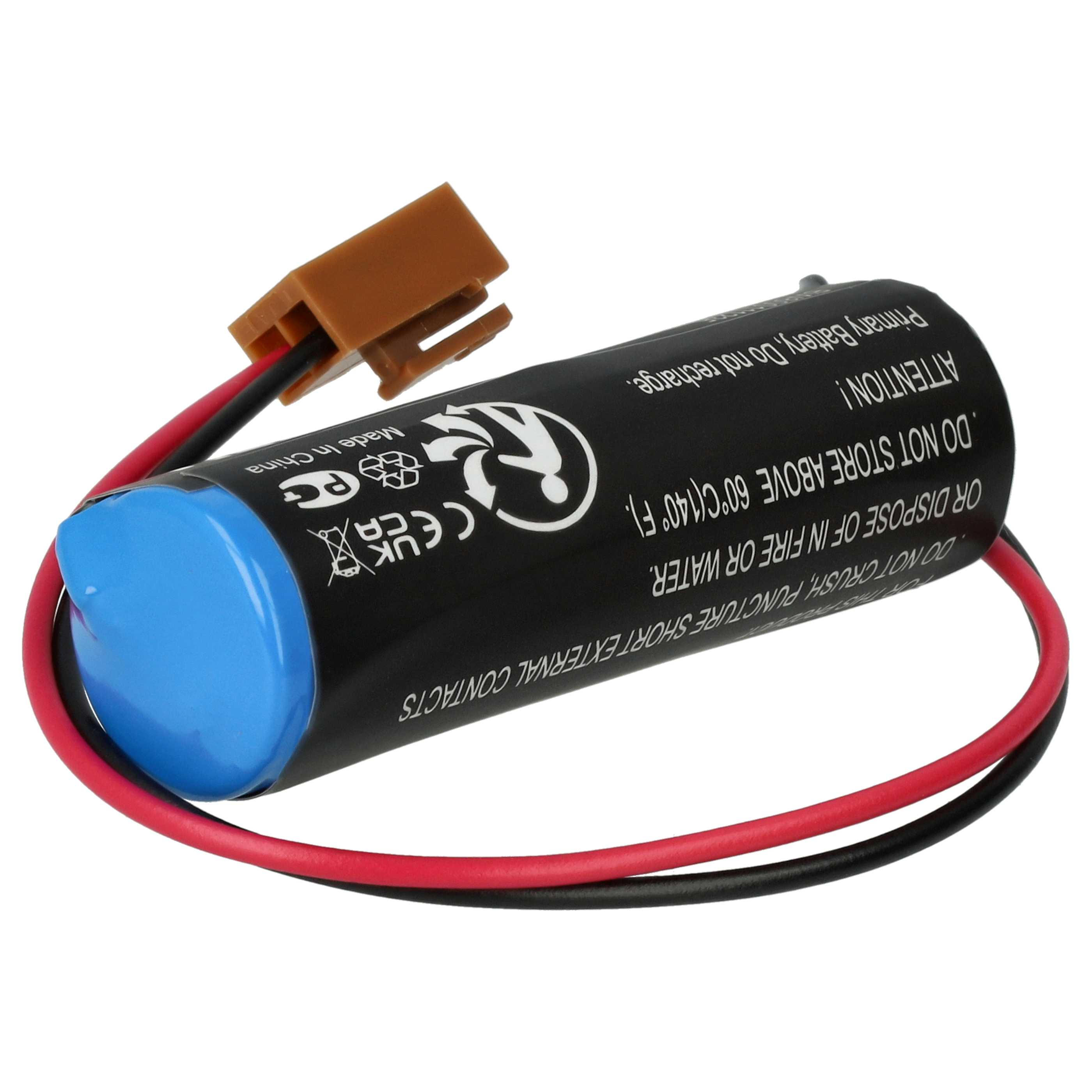 Schwarze und blaue zylindrische Batterie mit Warnhinweisen und braunem Stecker.