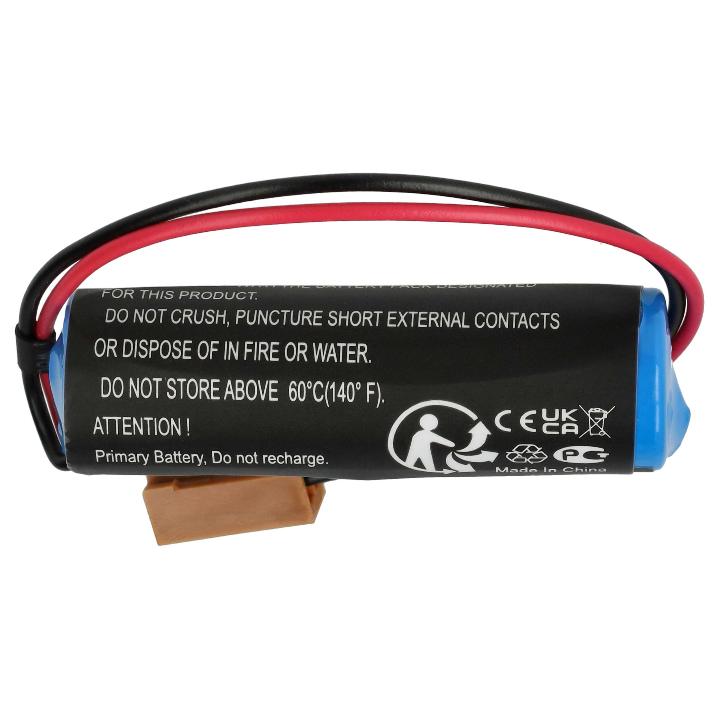 Eine schwarz-blaue Batterie mit roten und schwarzen Drähten, Sicherheitshinweisen und einem braunen Stecker.