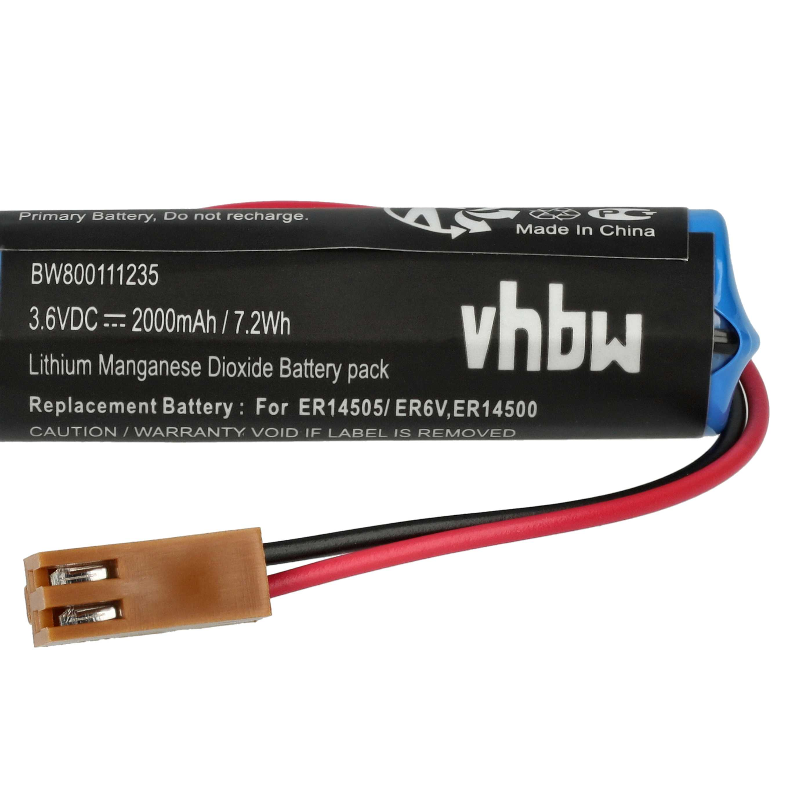 Ein vhbw-Akkupack mit schwarzen und roten Drähten und einem braunen Stecker. Das Etikett hat Text und blauen Hintergrund.