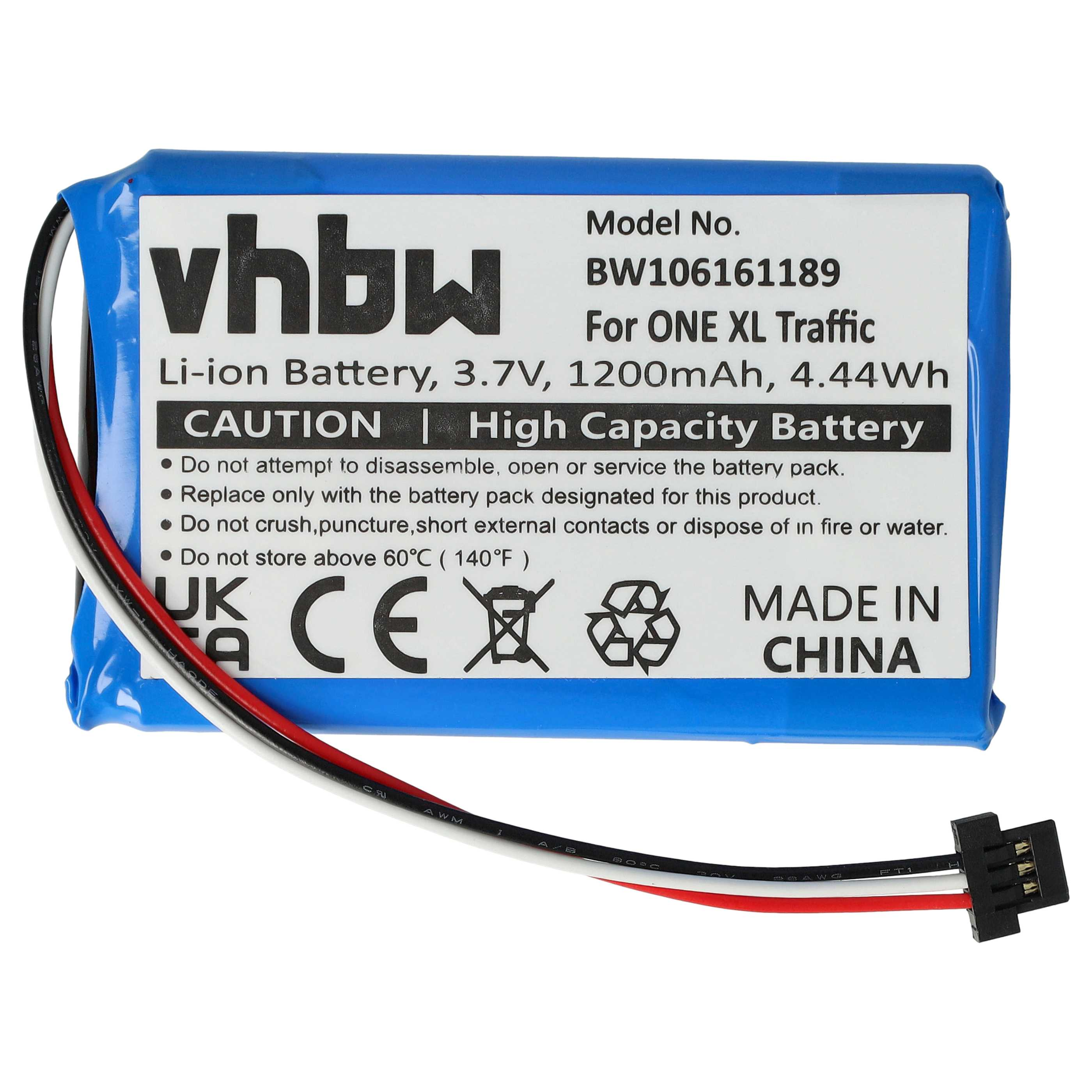 Ein rechteckiger blauer Li-Ionen-Akku mit schwarzen und roten Drähten, Sicherheitshinweisen und einem Stecker.