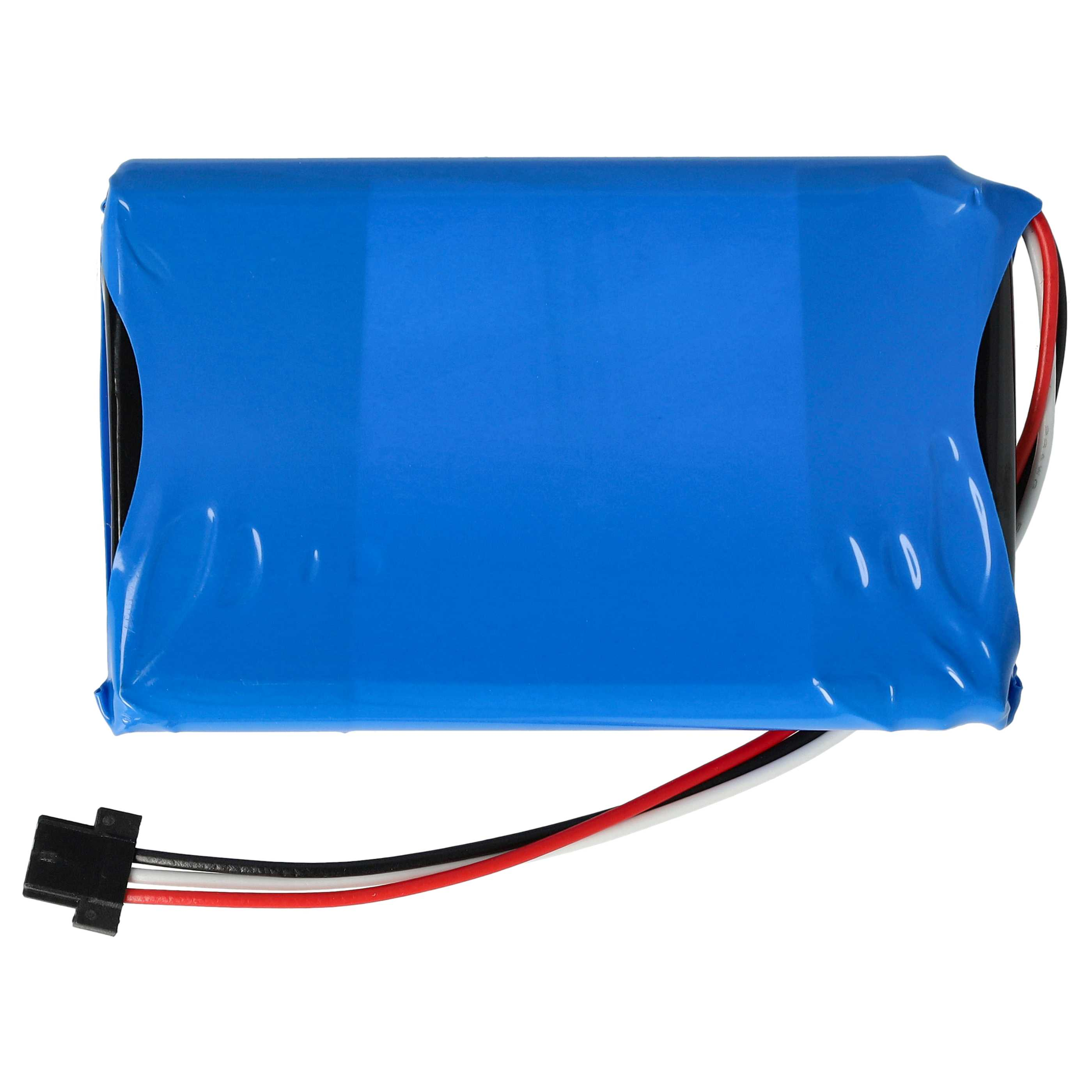 Blauer rechteckiger Akku mit Drähten und einem Stecker. Die Batterie ist in Blau verpackt.
