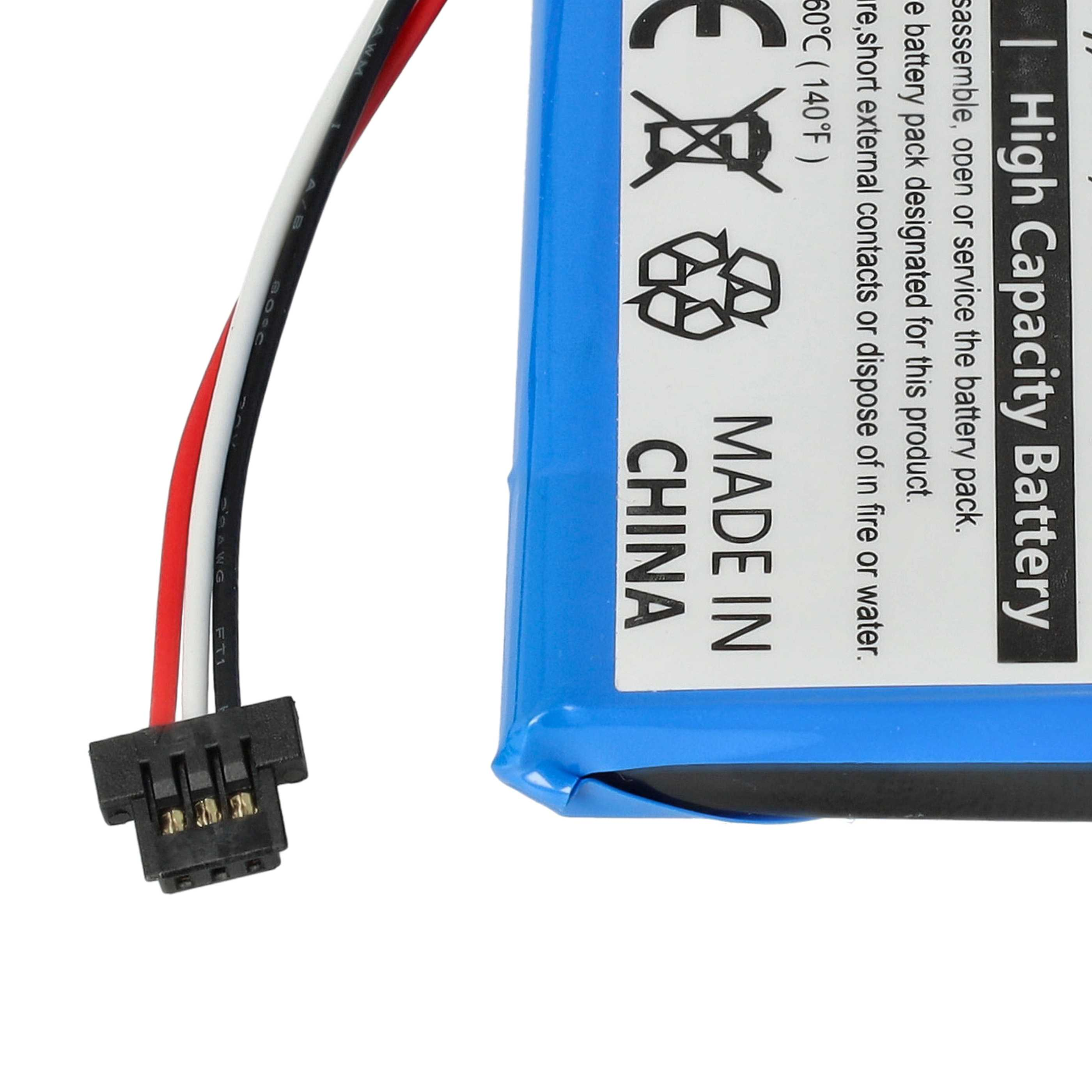 Blaue Batterie mit Kabeln und einem schwarzen Stecker, mit einem Warnhinweis im Bild.