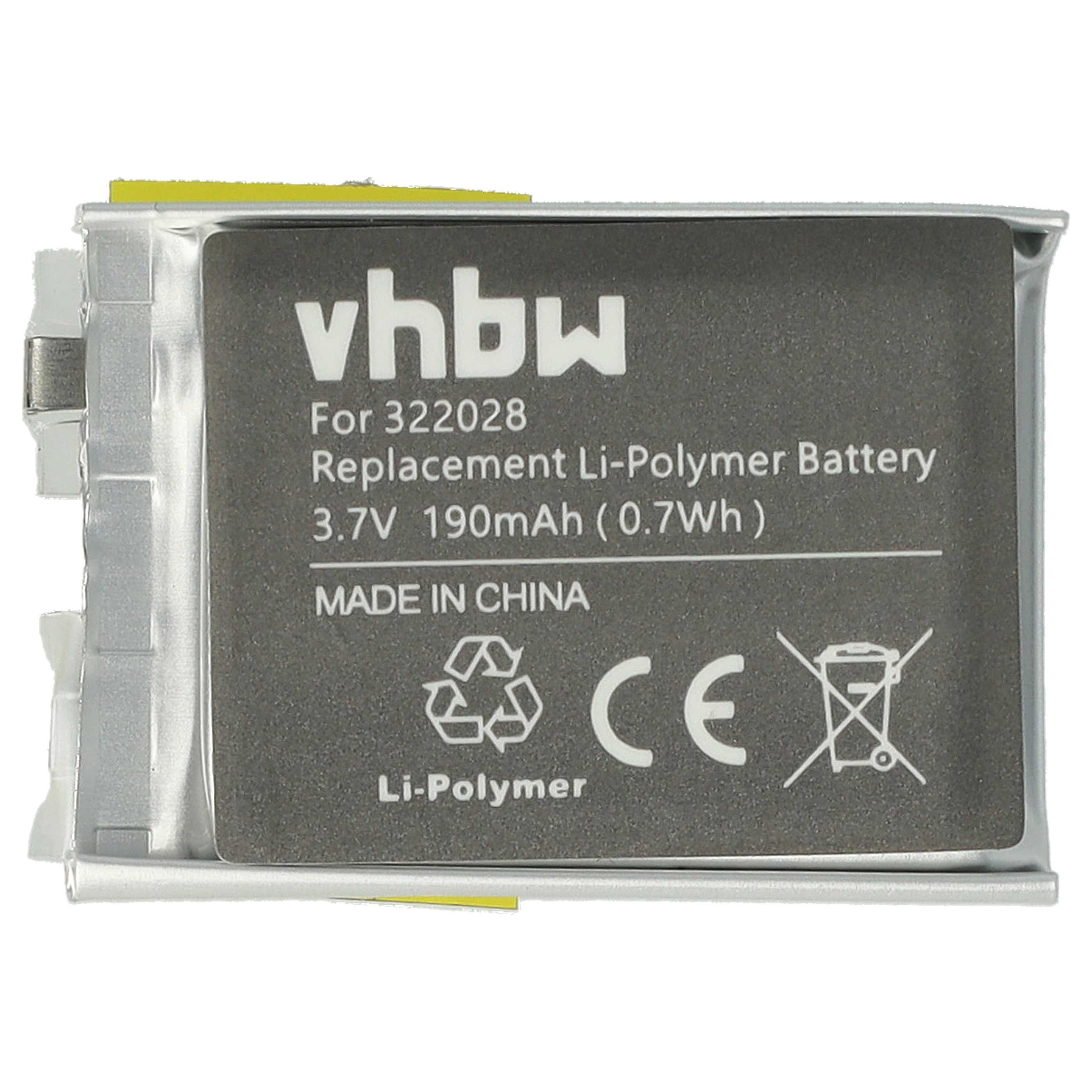 Rechteckige graue Batterie mit Text: Ersatz Li-Polymer-Batterie 3,7 V 190 mAh.