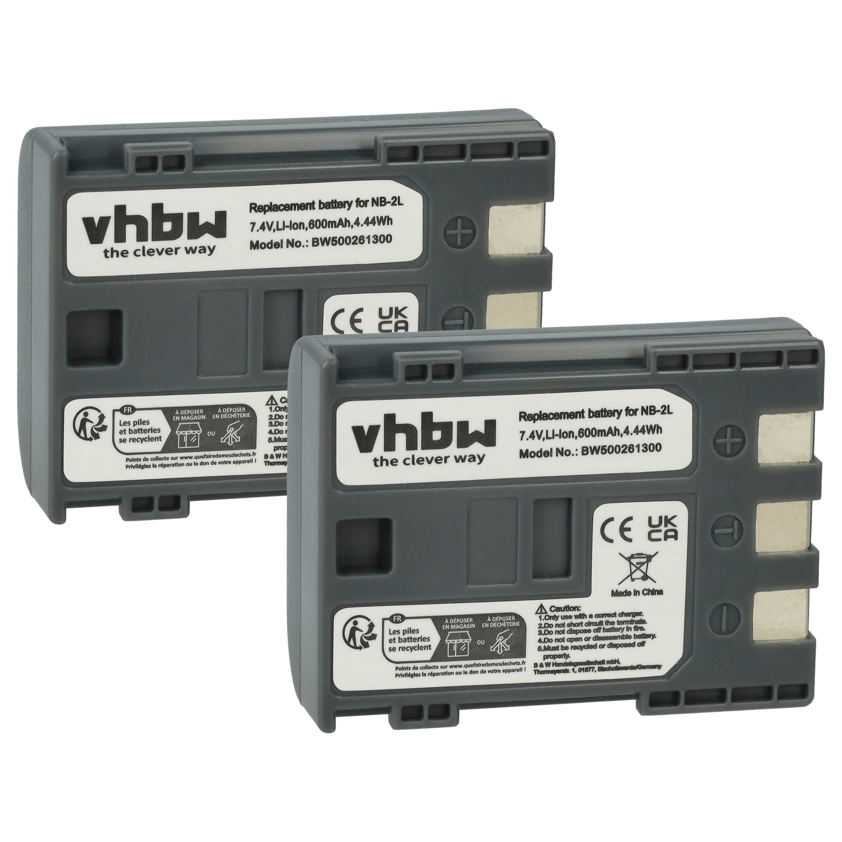 Zwei graue vhbw-Batterien auf weißem Hintergrund. Jeder hat Text und Symbole.