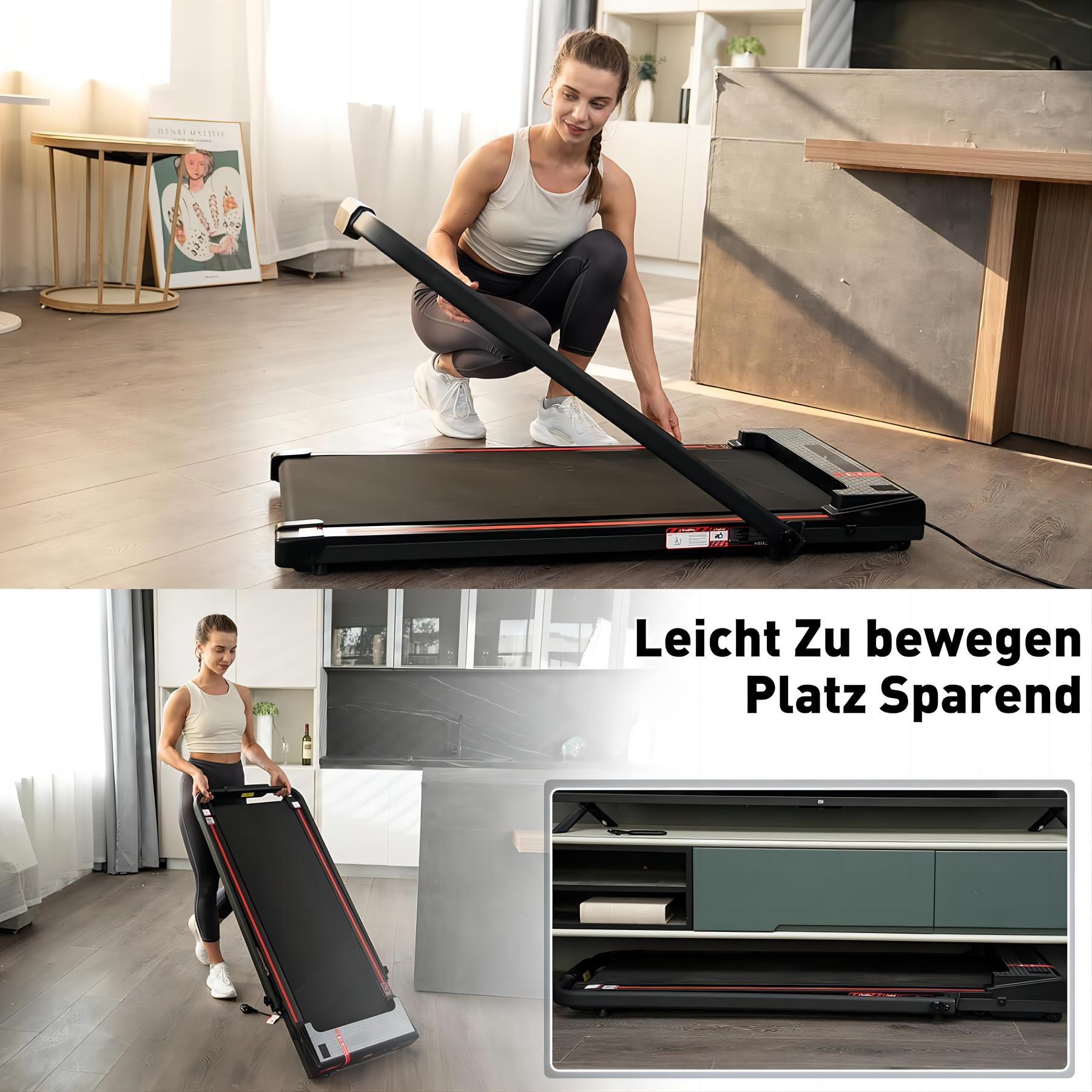 Frau und zusammenklappbares Laufband mit Text: Leicht zu bewegen, platzsparend.