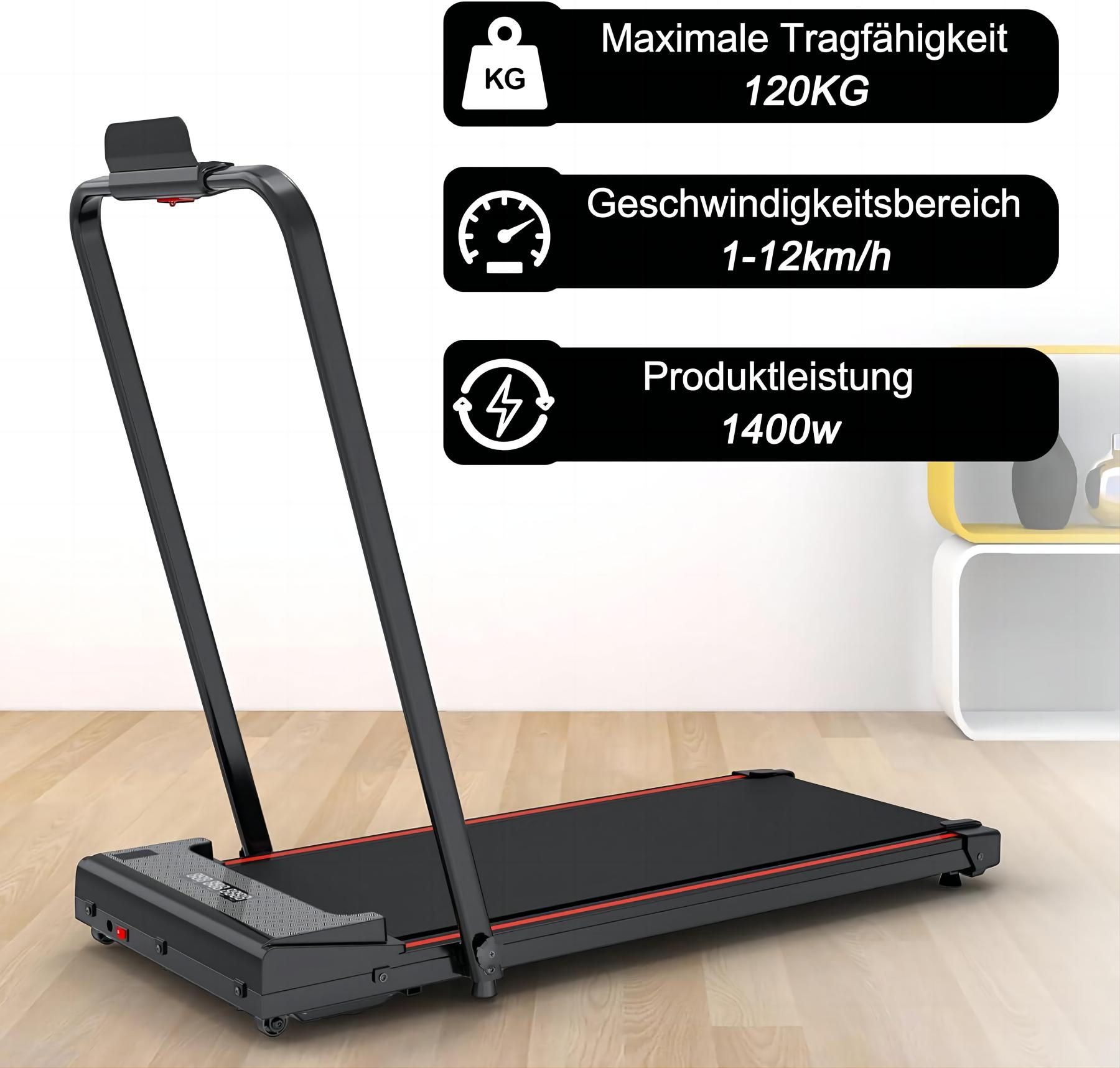 Schwarzes Laufband mit roten Akzenten. Weißer Hintergrund mit Text für Gewicht und Geschwindigkeit.