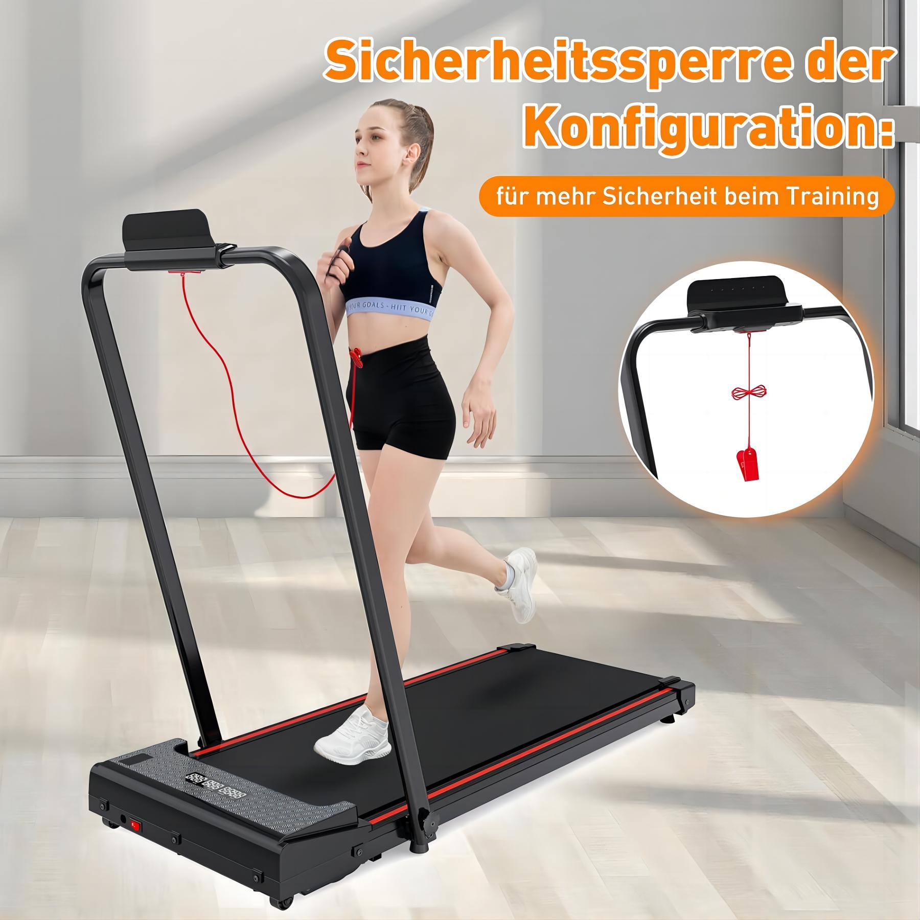 Frau läuft auf einem schwarzen Laufband. Der Sicherheitsschlüssel ist befestigt. Text in Deutsch.