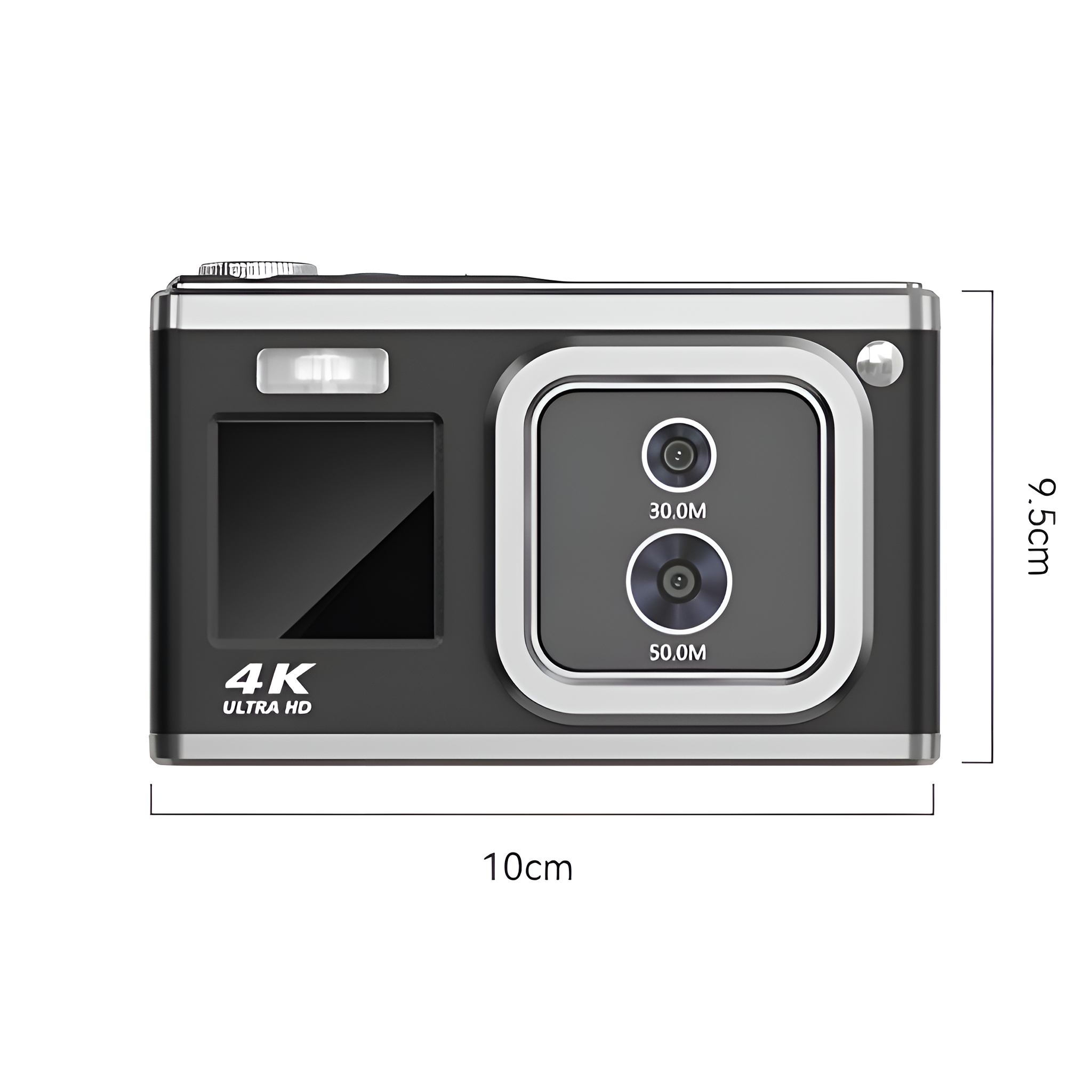 Schwarze Digitalkamera, die das Objektiv und den Bildschirm zeigt. 4K Ultra HD ist beschriftet.