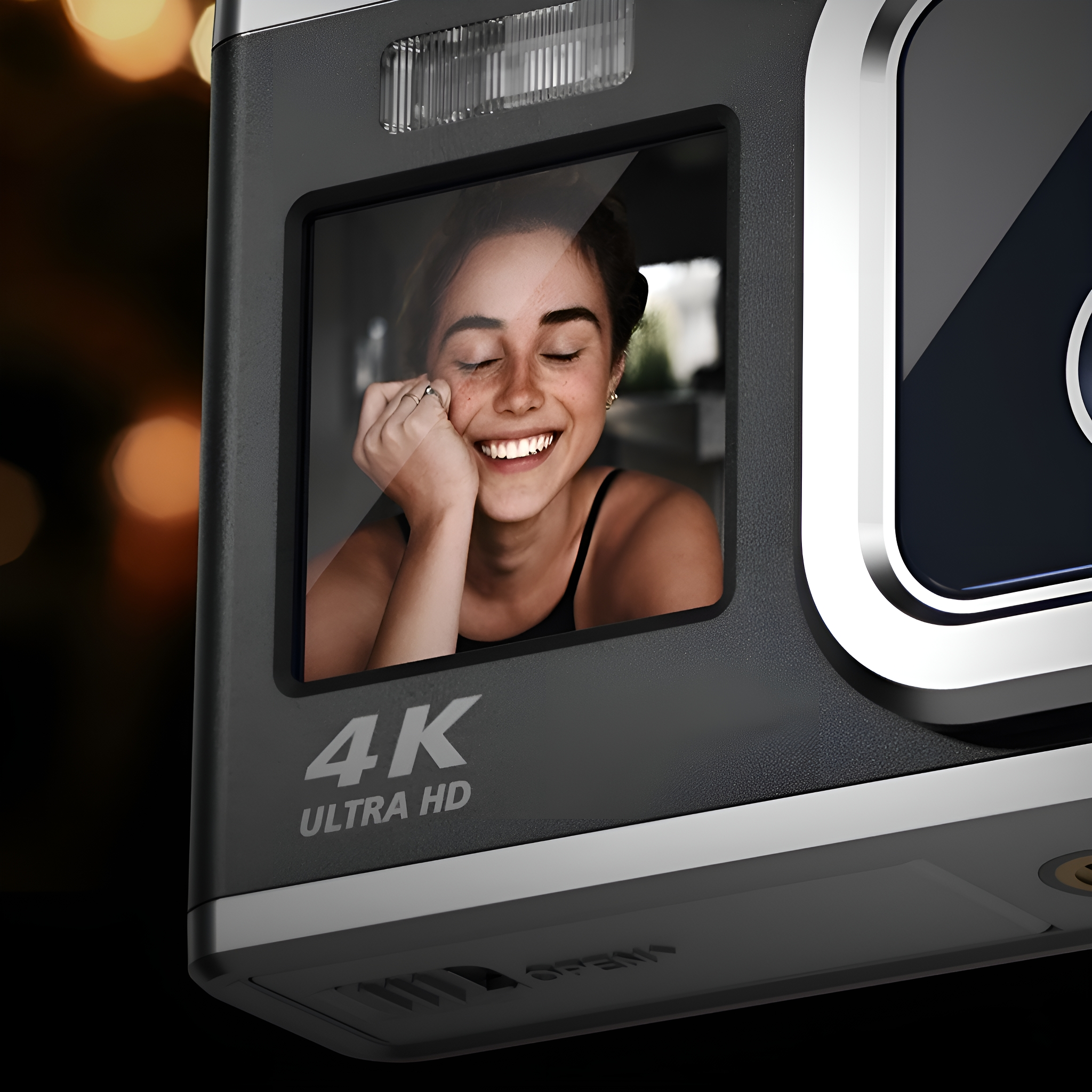Schwarze Kamera mit lächelnder Frau auf dem Bildschirm. Sagt 4K Ultra HD. Schwarzer Hintergrund.