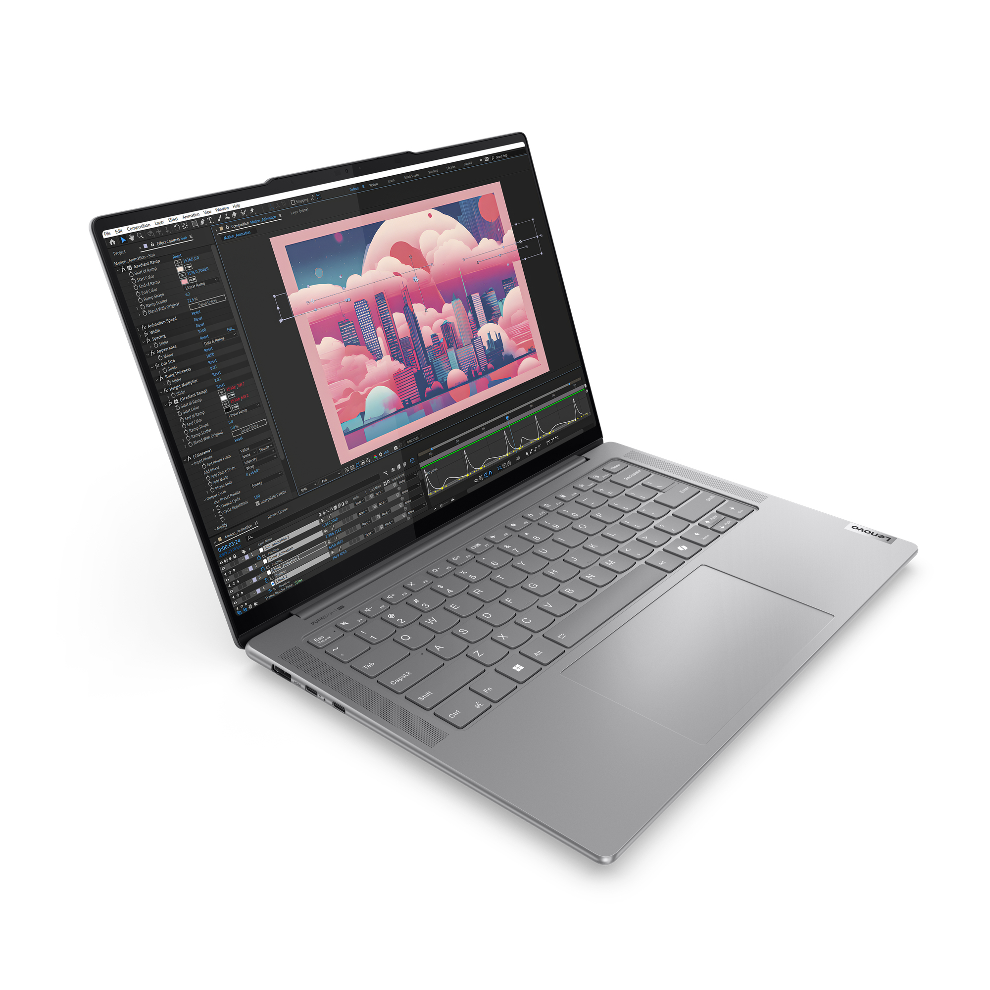 Silberner Laptop geöffnet, Bildschirm zeigt eine Anwendungsoberfläche. Weißer Hintergrund. Lenovo-Logo.