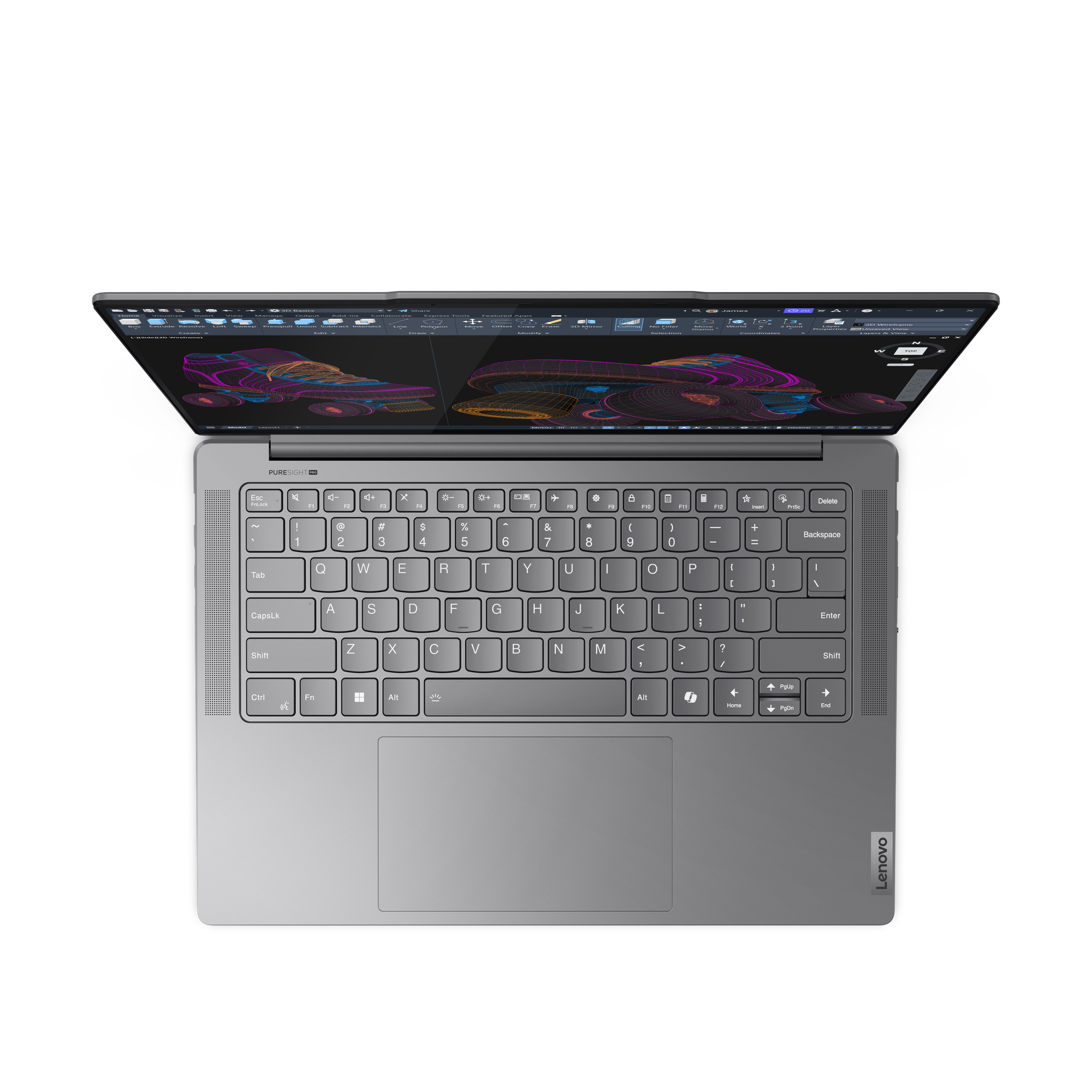 Draufsicht auf Laptop mit Tastatur und Bildschirm, der ein 3D-Modell eines Schuhs zeigt.