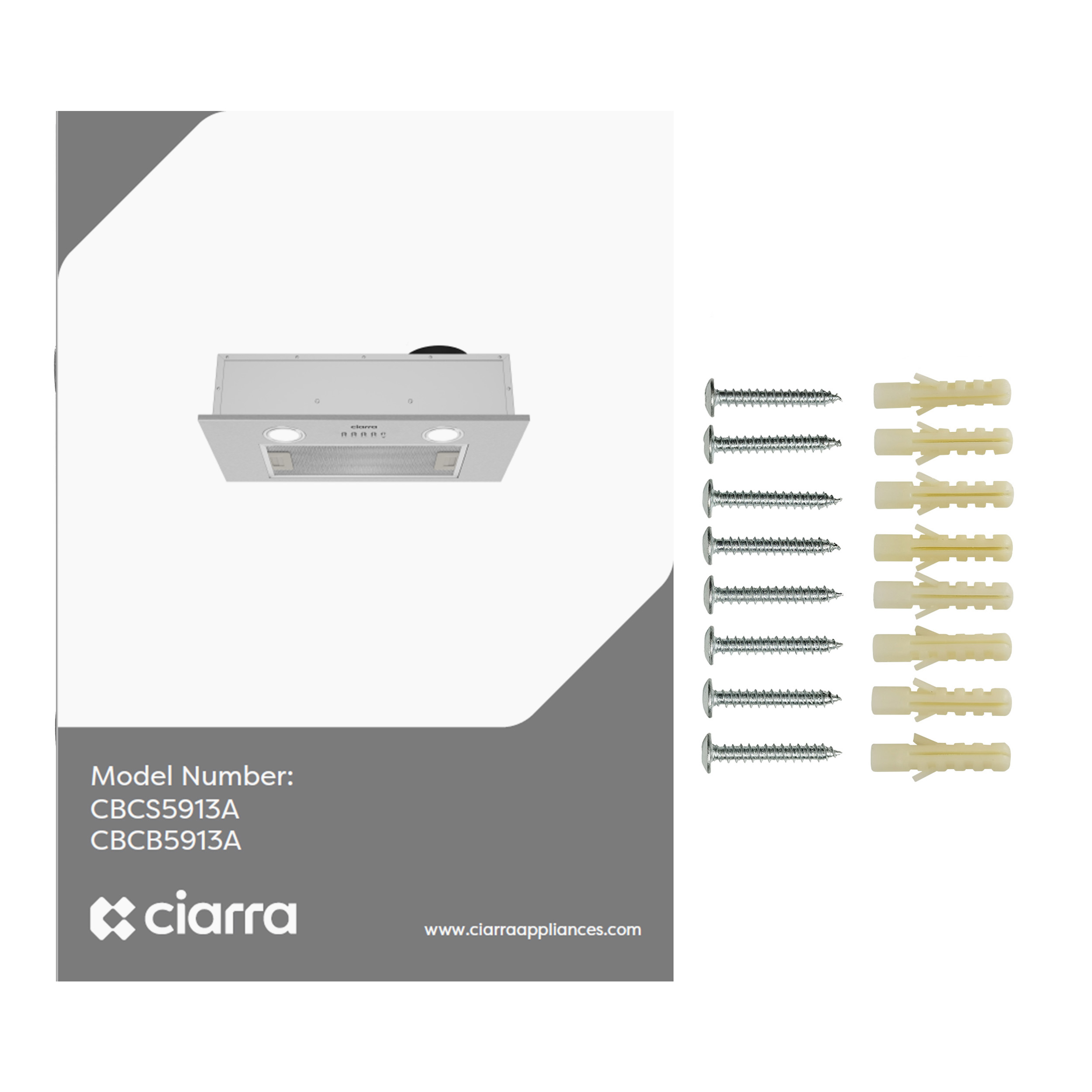 Een witte afzuigkap met een witte doos en diverse schroeven en pluggen. De merknaam is 'ciarra'.
