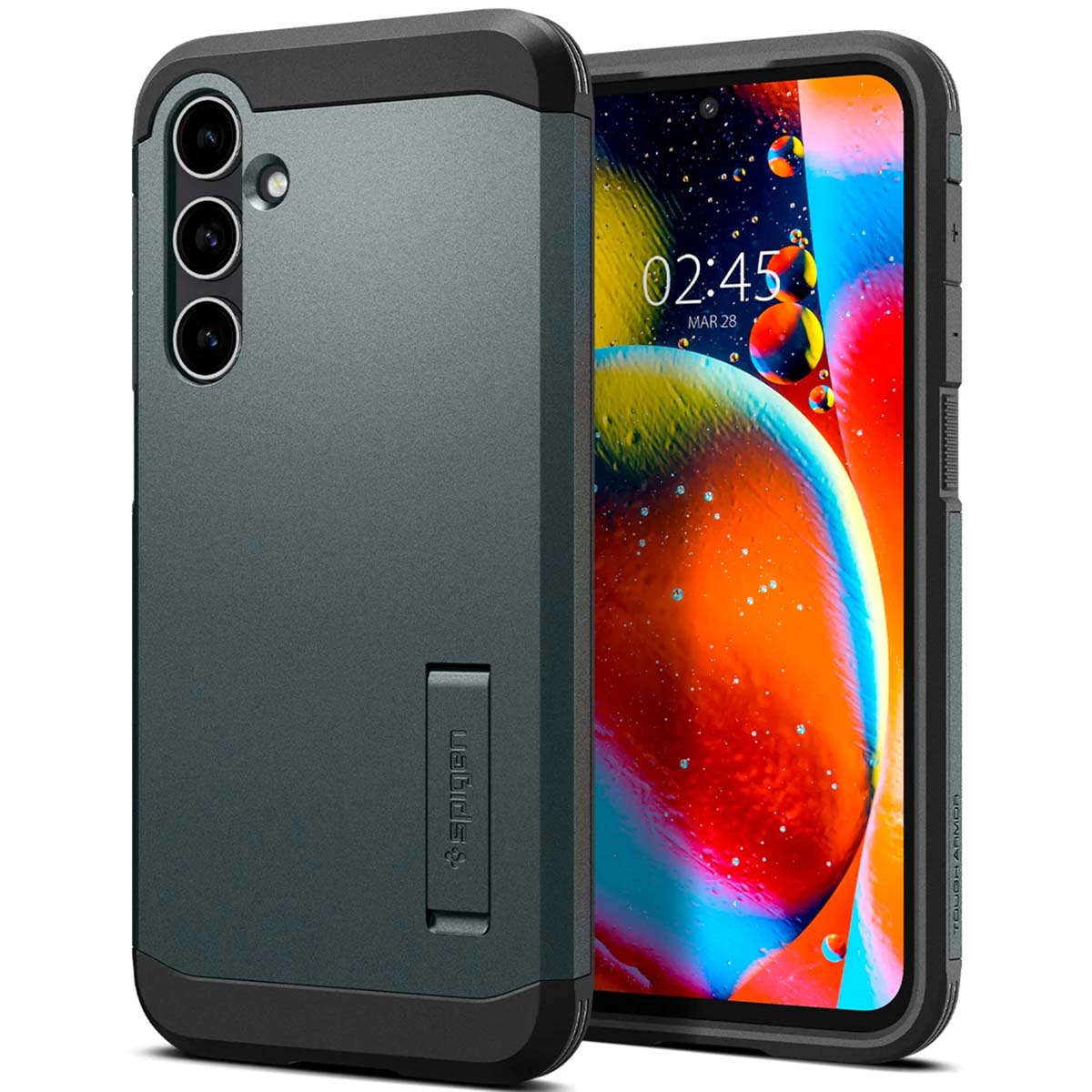 Een telefoonhoesje met een telefoon erin. De hoes is grijs en zwart, en het scherm is kleurrijk.