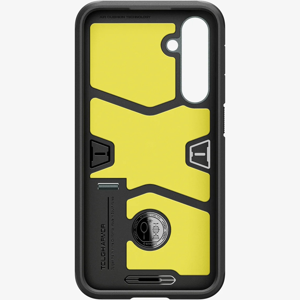 Telefoonhoes binnenkant. Geel en zwart design. Tekst 'Tough Armor'. Zwarte rand. 'Spigen' logo.