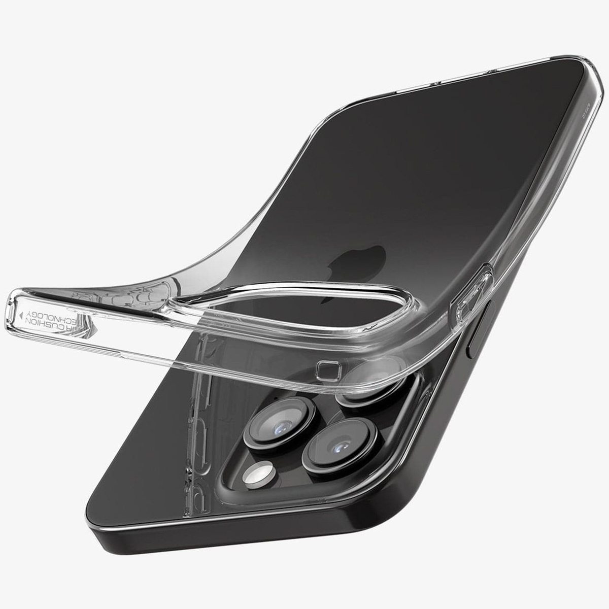 Coque transparente sur un téléphone noir, montrant les lentilles de l'appareil photo.