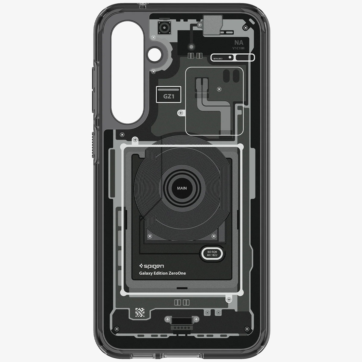 Transparante telefoonhoes met zichtbare interne componenten. Spigen merk. Transparant ontwerp met zwarte details.