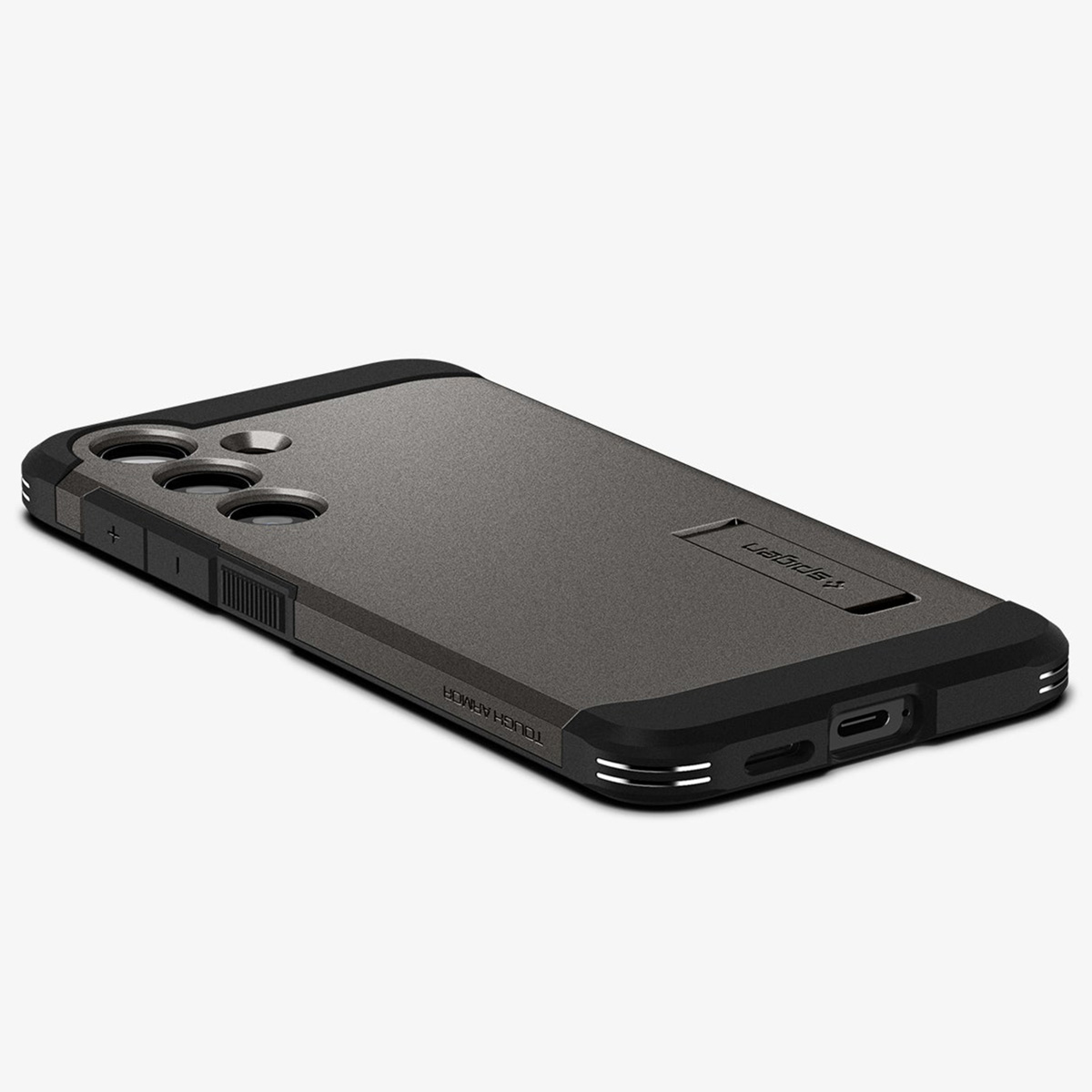 Coque de téléphone grise avec support, sur surface blanche. Cadre noir.