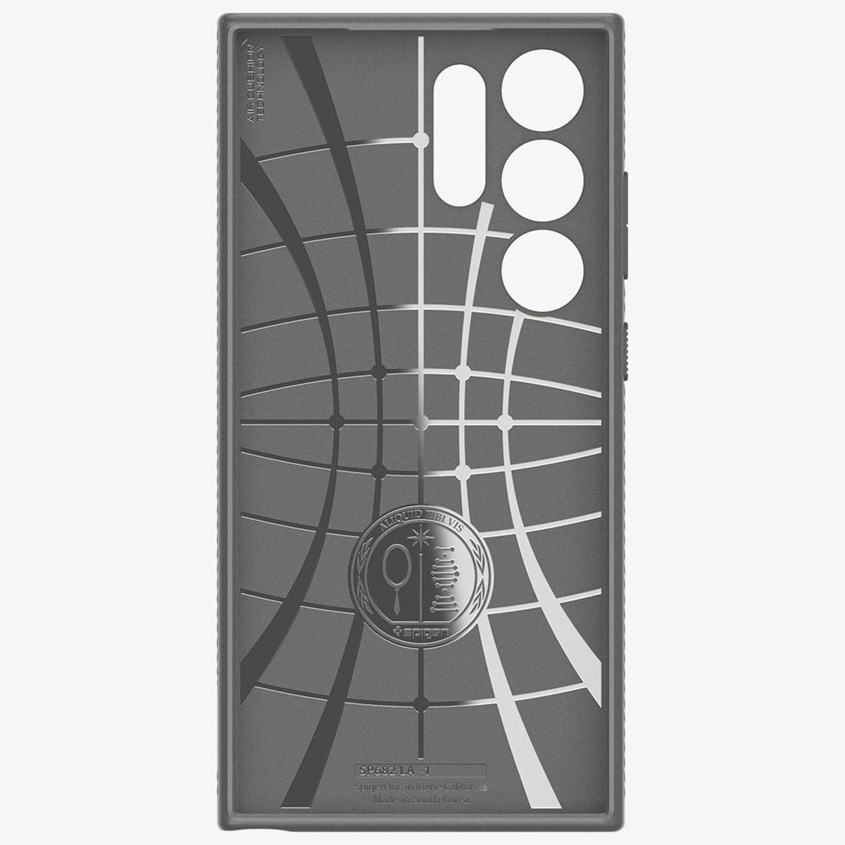 L'interno di una custodia per telefono grigia con il logo Spigen e un motivo a griglia.