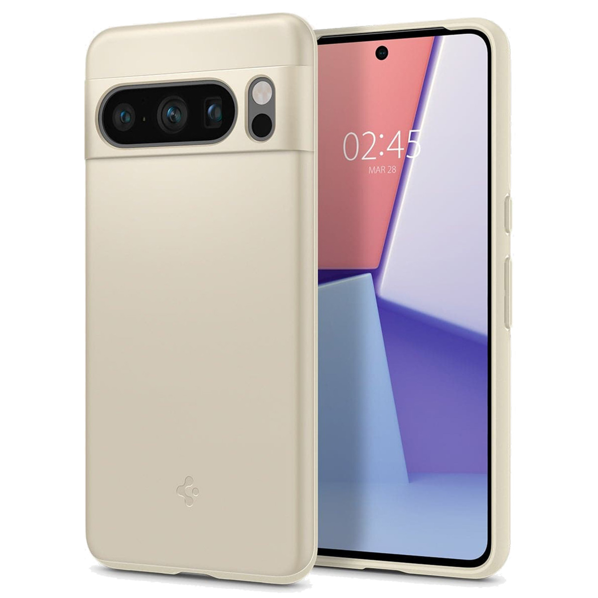 Coque de téléphone beige et téléphone. L'écran du téléphone affiche une horloge numérique.