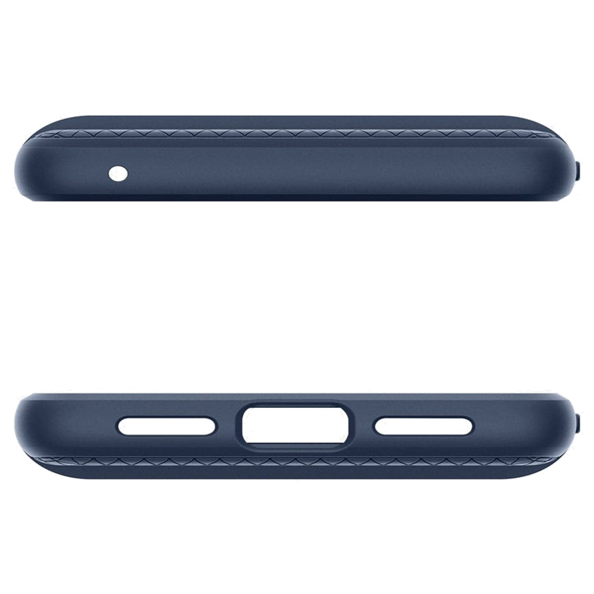 Primo piano dei bordi superiore e inferiore di una custodia blu navy per telefono.