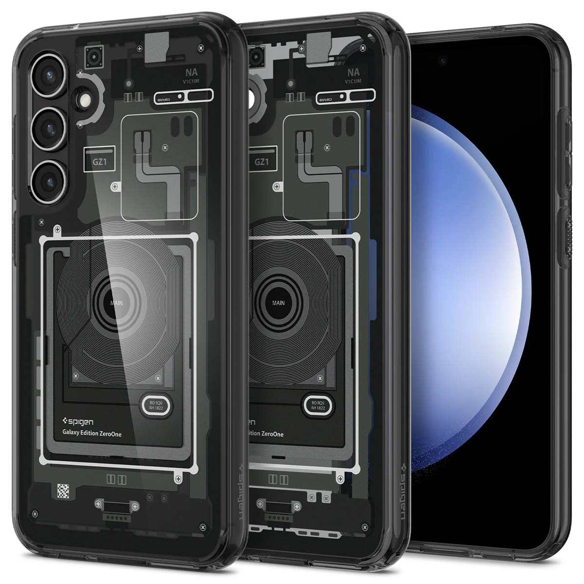 Drie transparante telefoonhoesjes met de interne componenten van de telefoon zichtbaar.