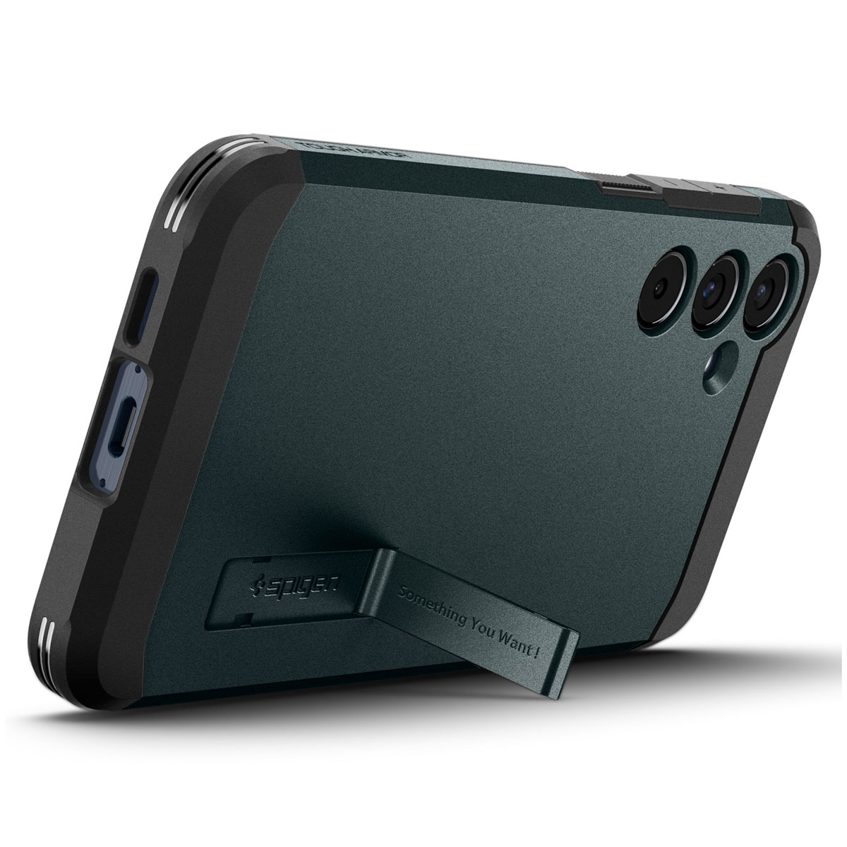 Une coque de téléphone vert foncé avec béquille, comprenant une configuration à triple caméra et des accents noirs.