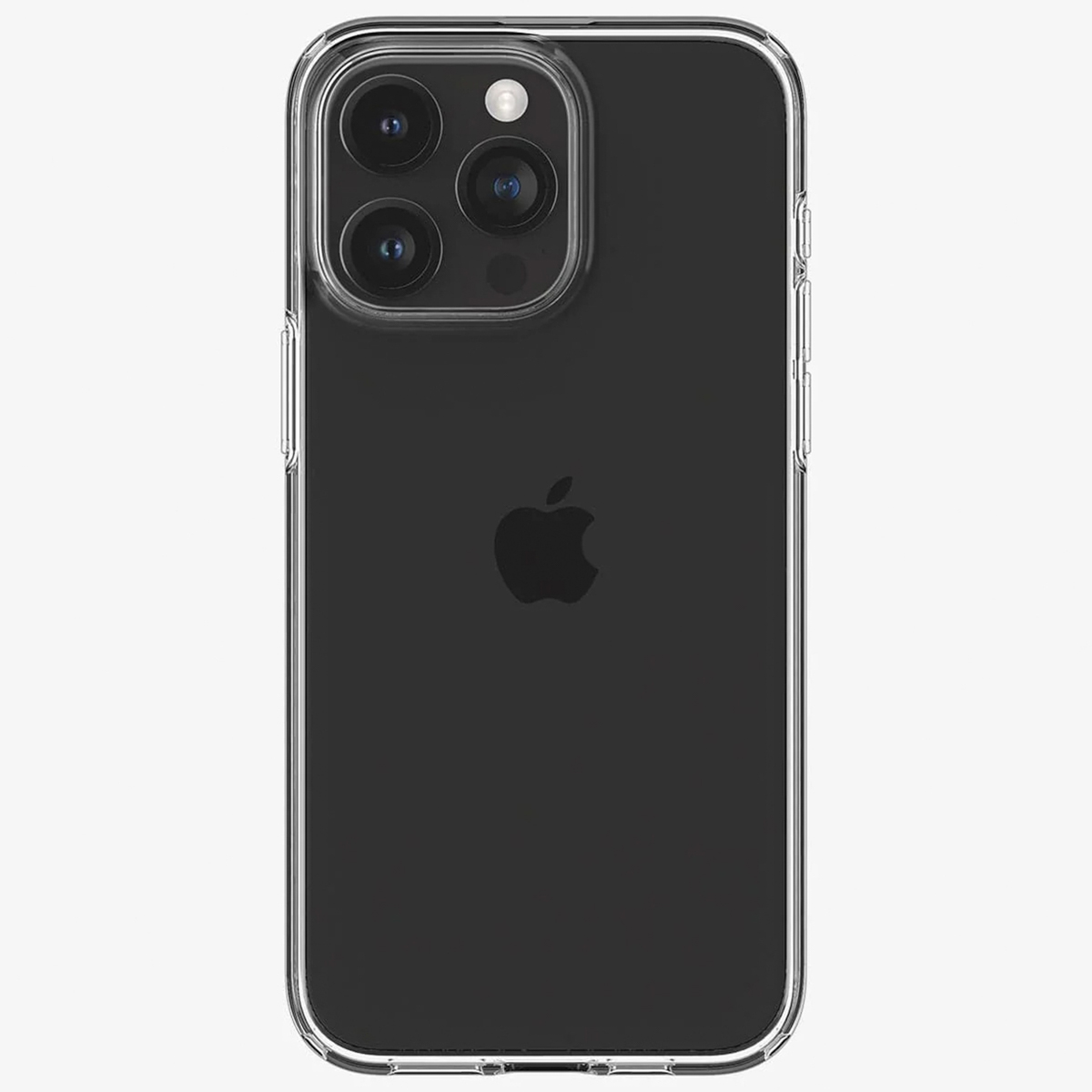 Coque transparente sur un iPhone noir. La coque montre les objectifs de l'appareil photo et le logo Apple.