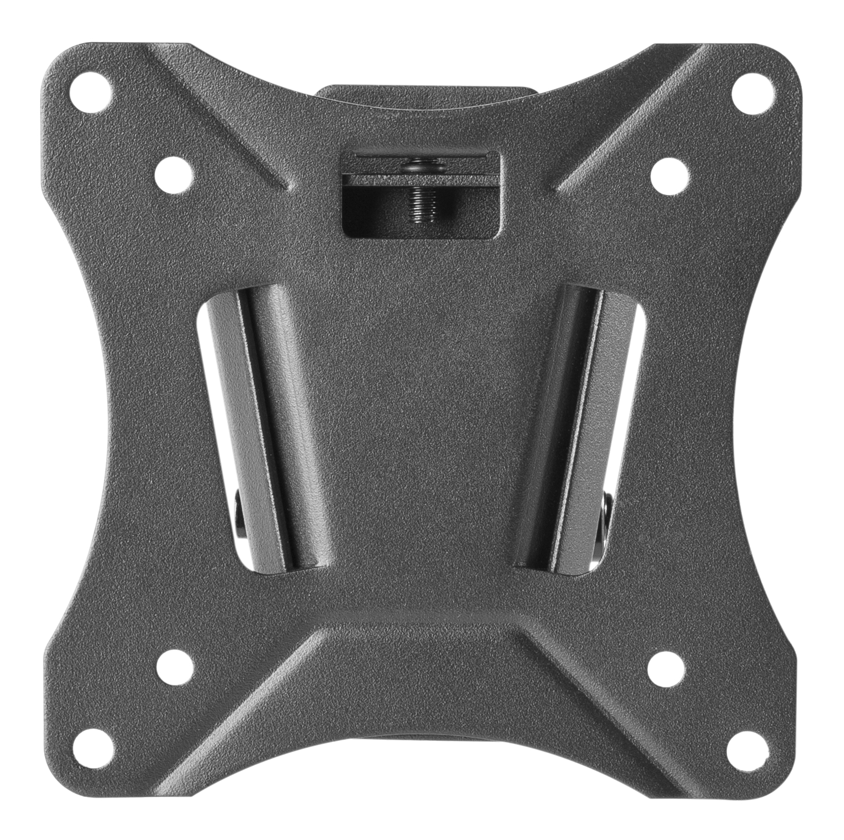 Metall-Monitorhalterung. Es hat Löcher für Schrauben und zwei seitliche Arme.