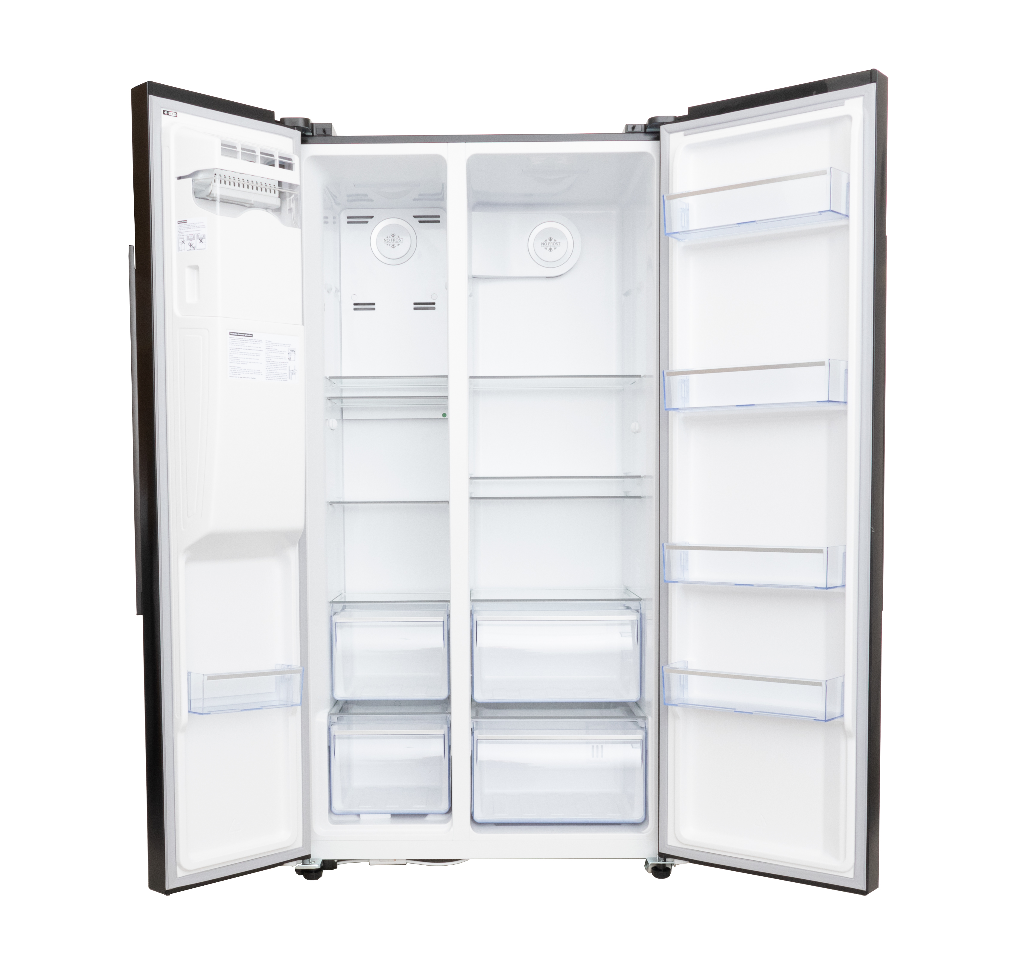 Open koelkast met planken, laden en witte interieurs. Donkerbruin frame.