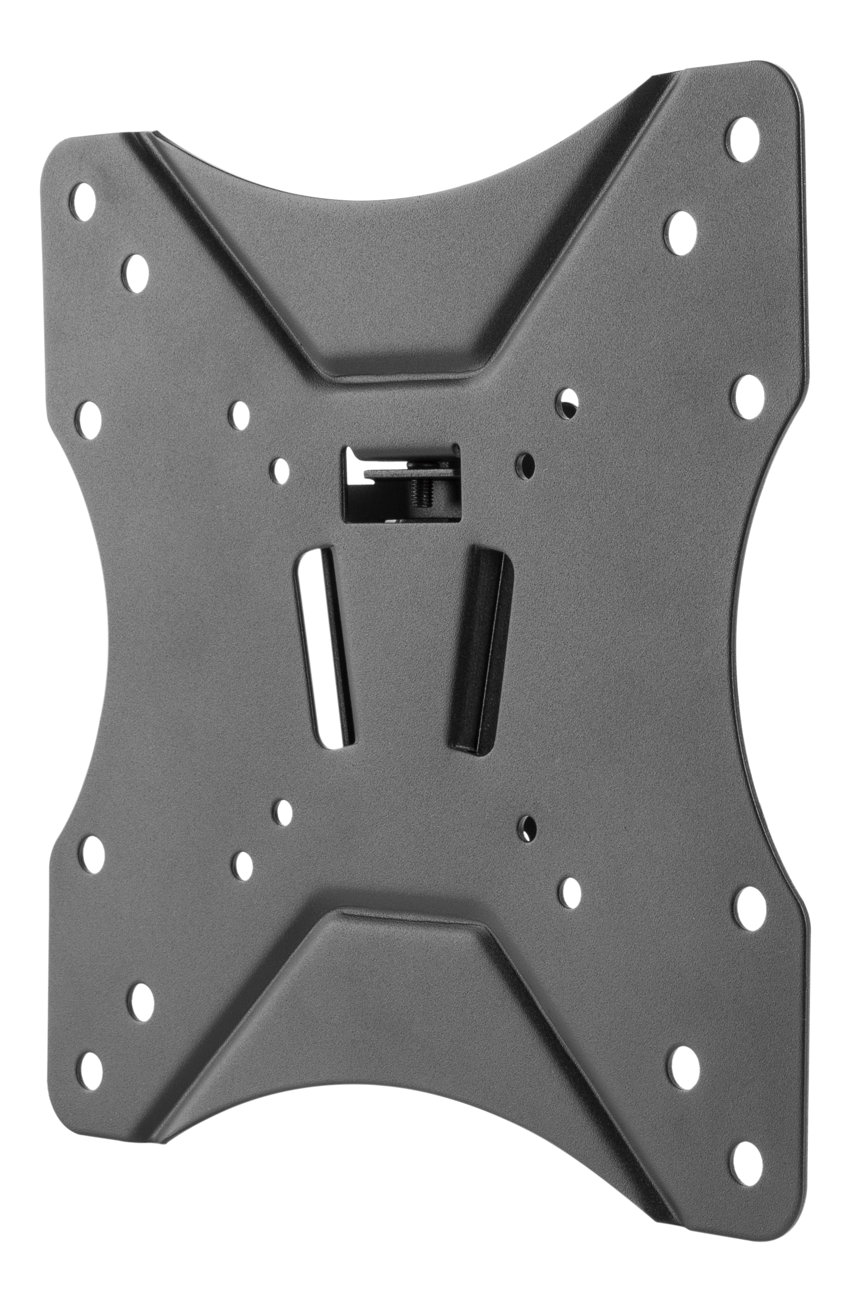 Gray metal TV wall mount with multiple holes and shapes.
