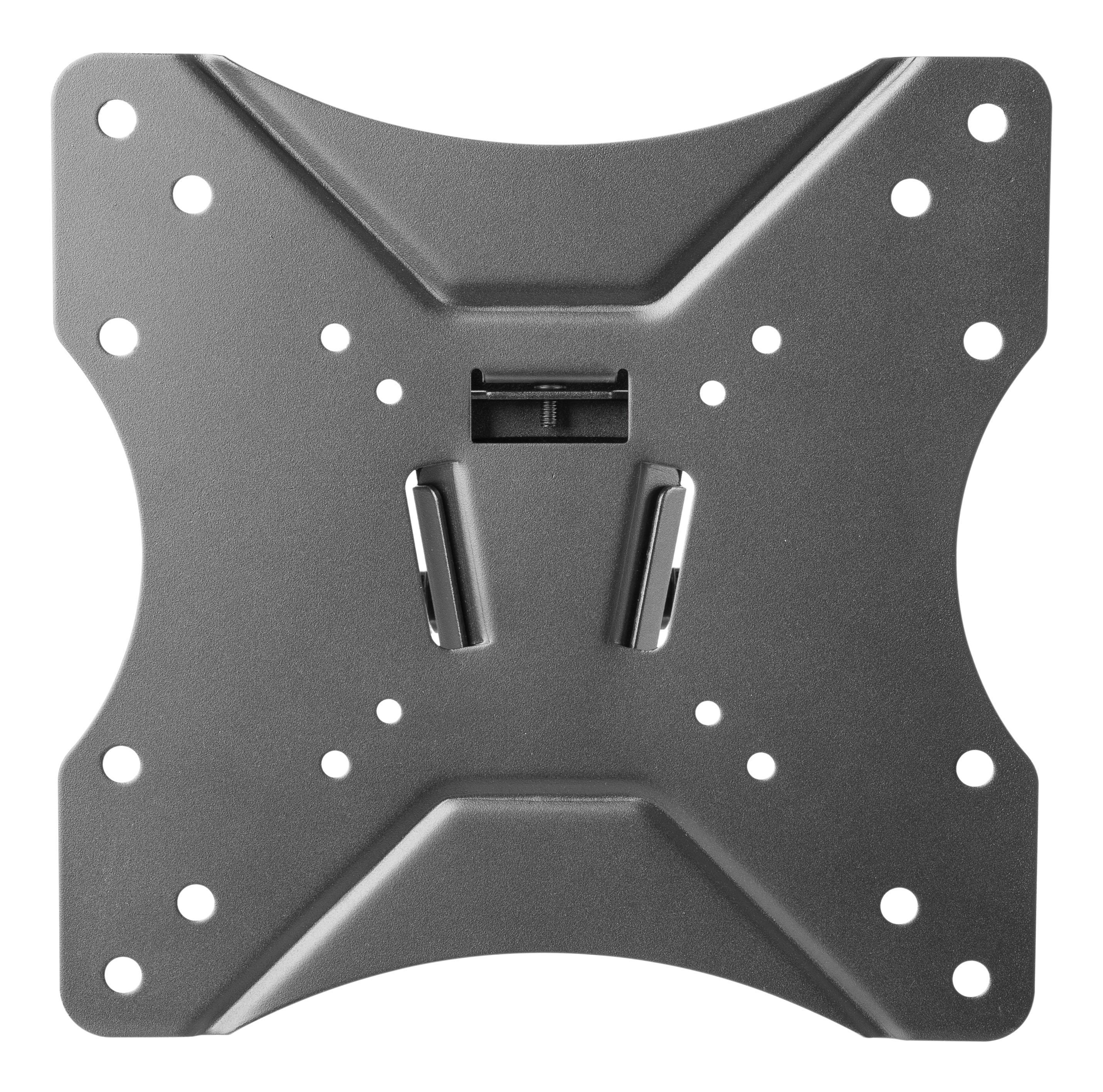 Gray metal phone stand with multiple holes and a screw in the center, on a white background.