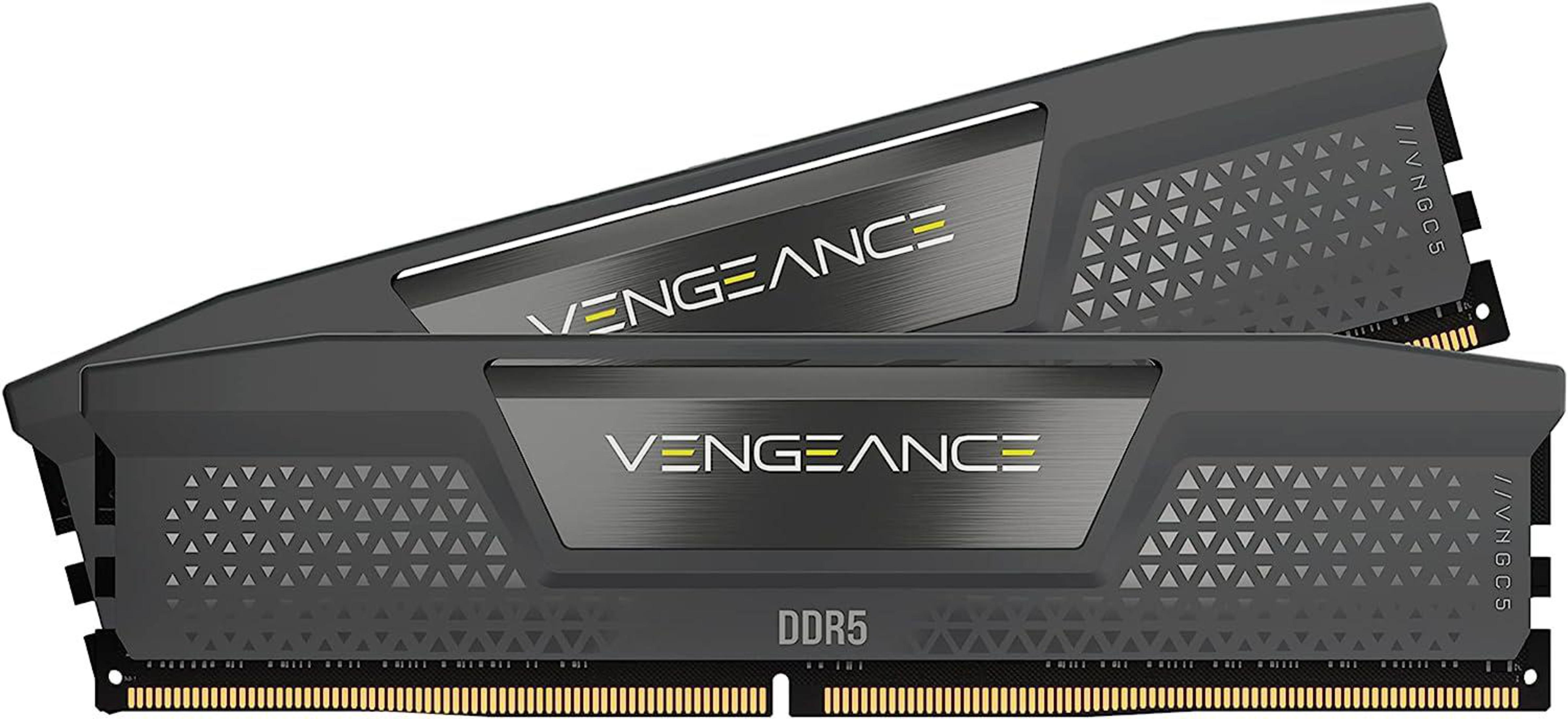 Two black RAM sticks with 'VENGEANCE' written on them. DDR5 is written below.