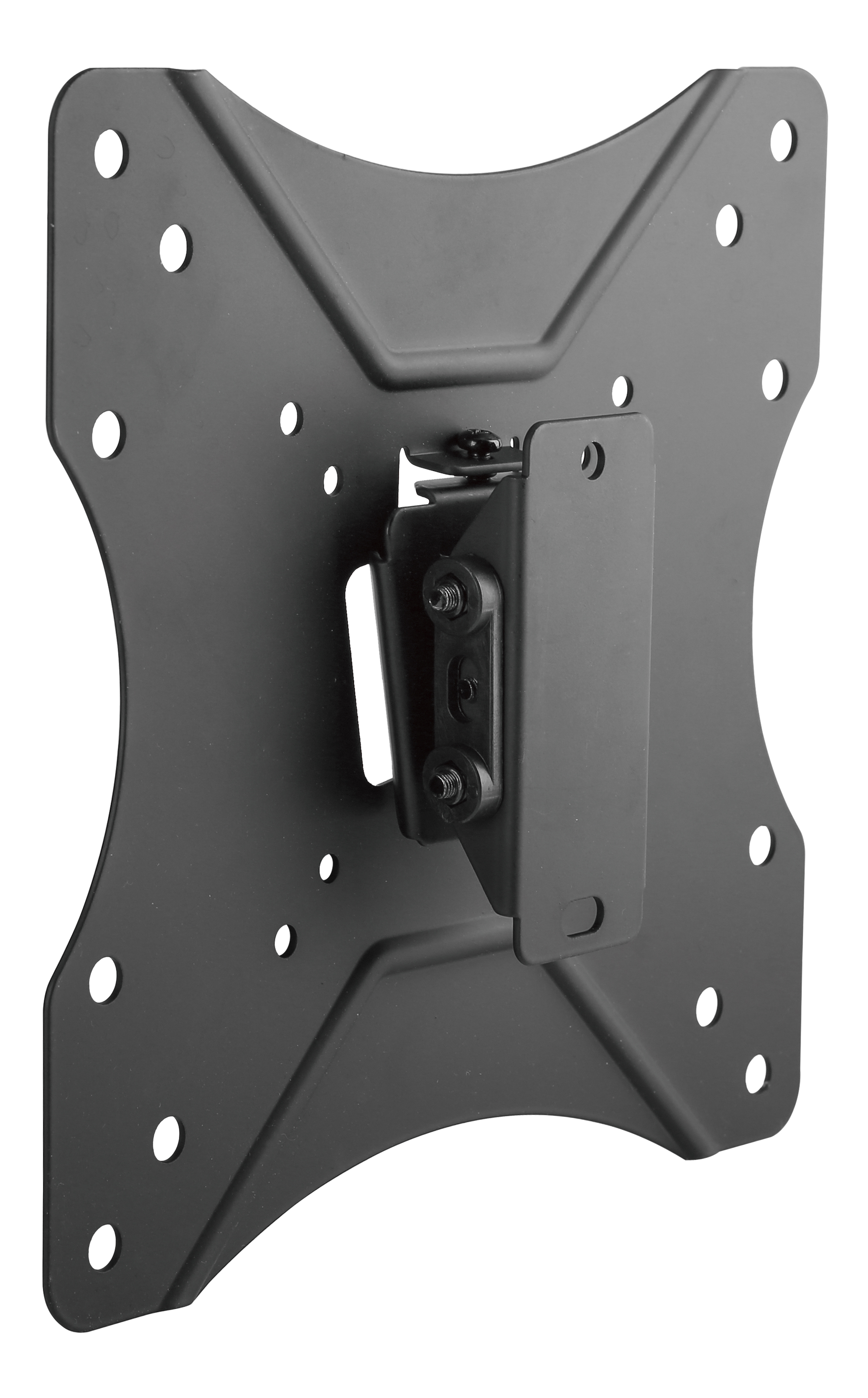 A black TV wall mount with multiple holes and a bracket on a white background.