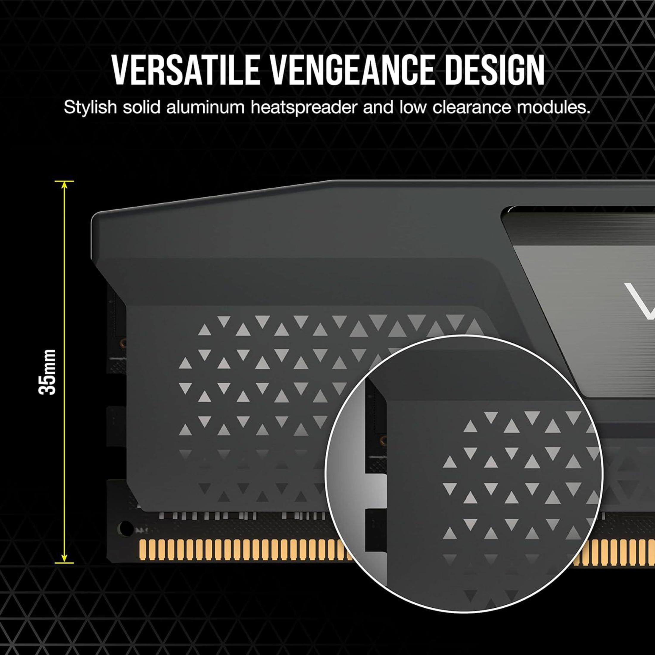 Close-up of a black RAM module. Text: 'VERSATILE VENGEANCE DESIGN'. Arrow shows 35mm height.