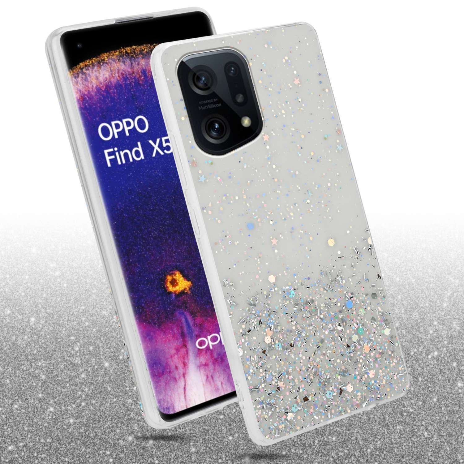 Telefono con custodia trasparente e glitter. Il telefono mostra uno schermo OPPO Find X5.