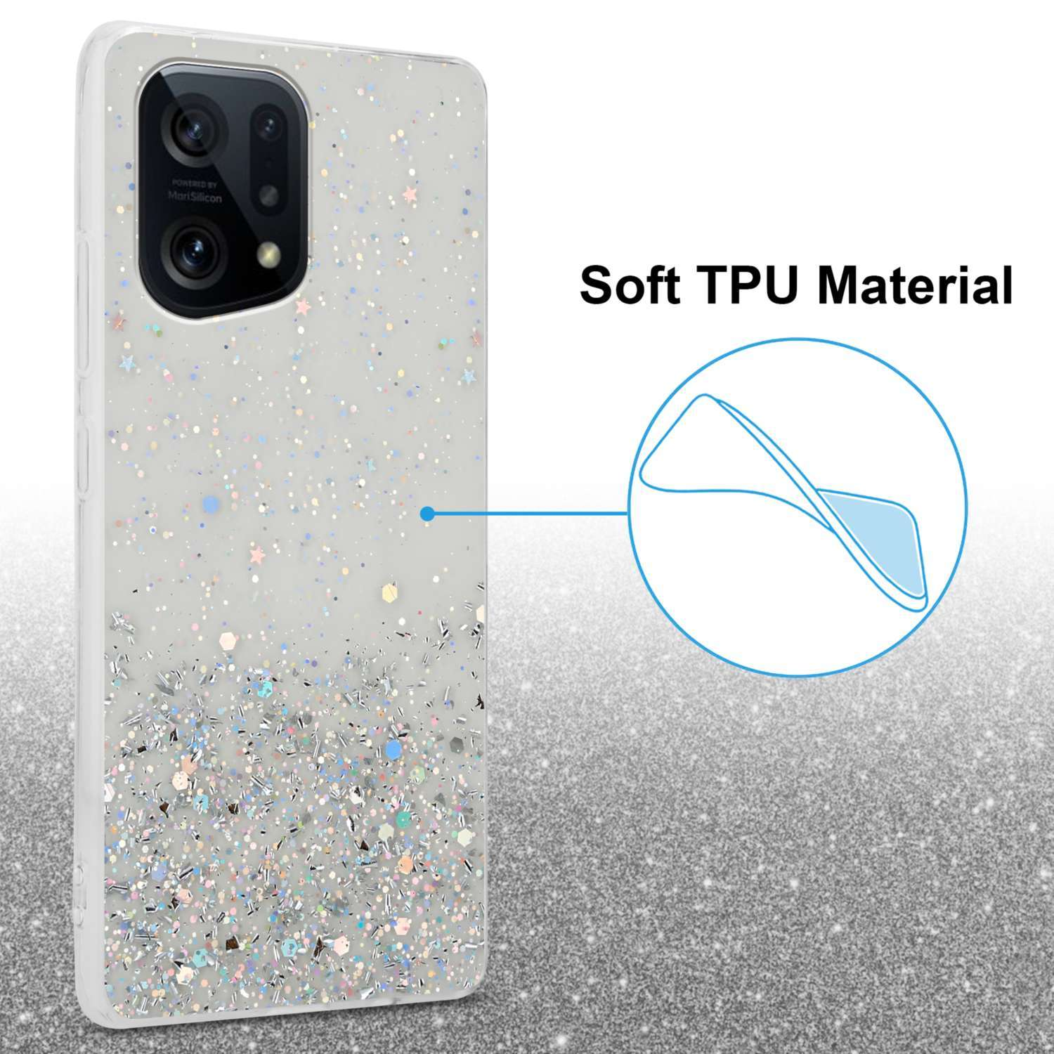 Custodia per telefono con design glitterato e primo piano del modulo fotocamera del telefono.