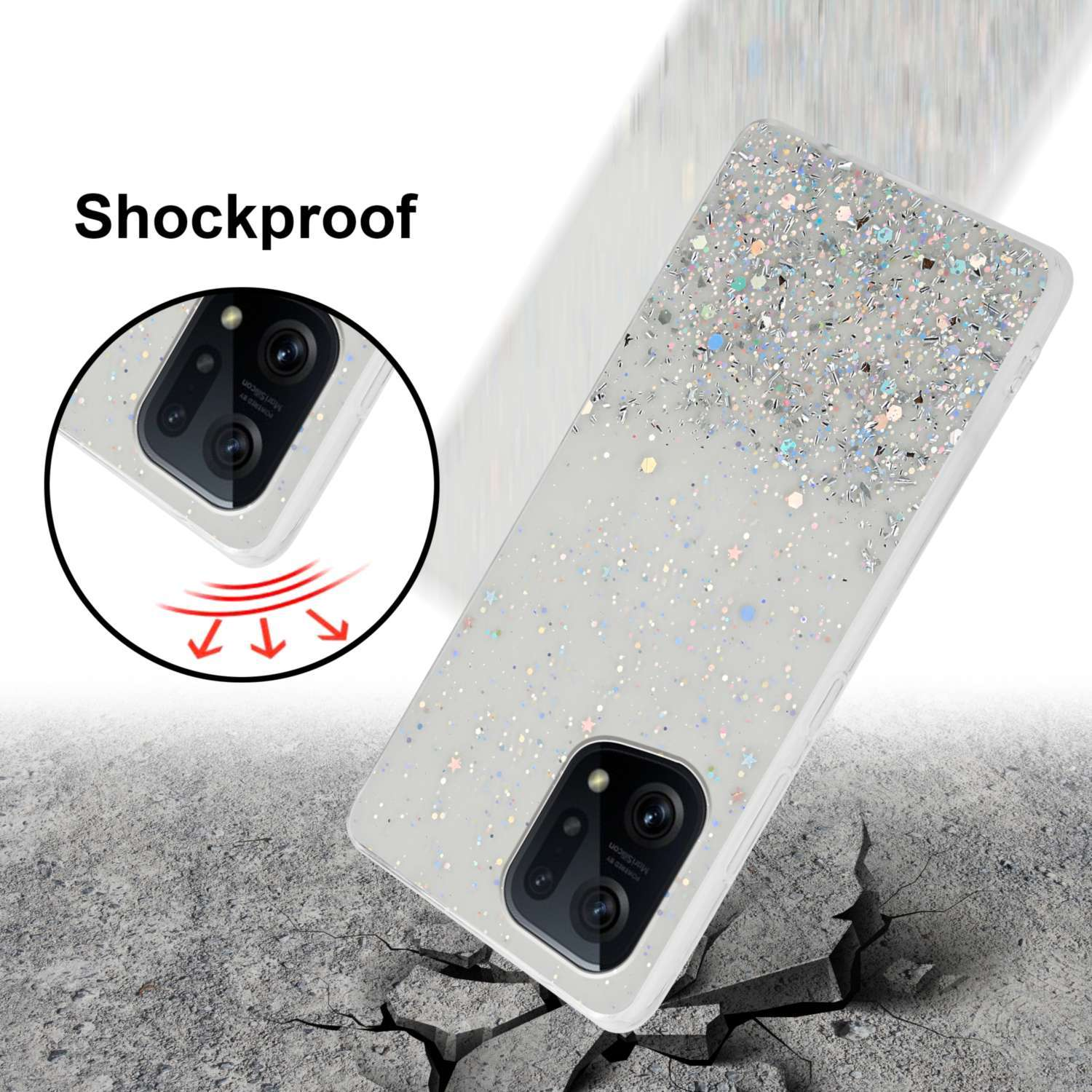 Custodia per telefono antiurto con effetto glitter. Scintille bianche e argento. Effetto suolo incrinato.