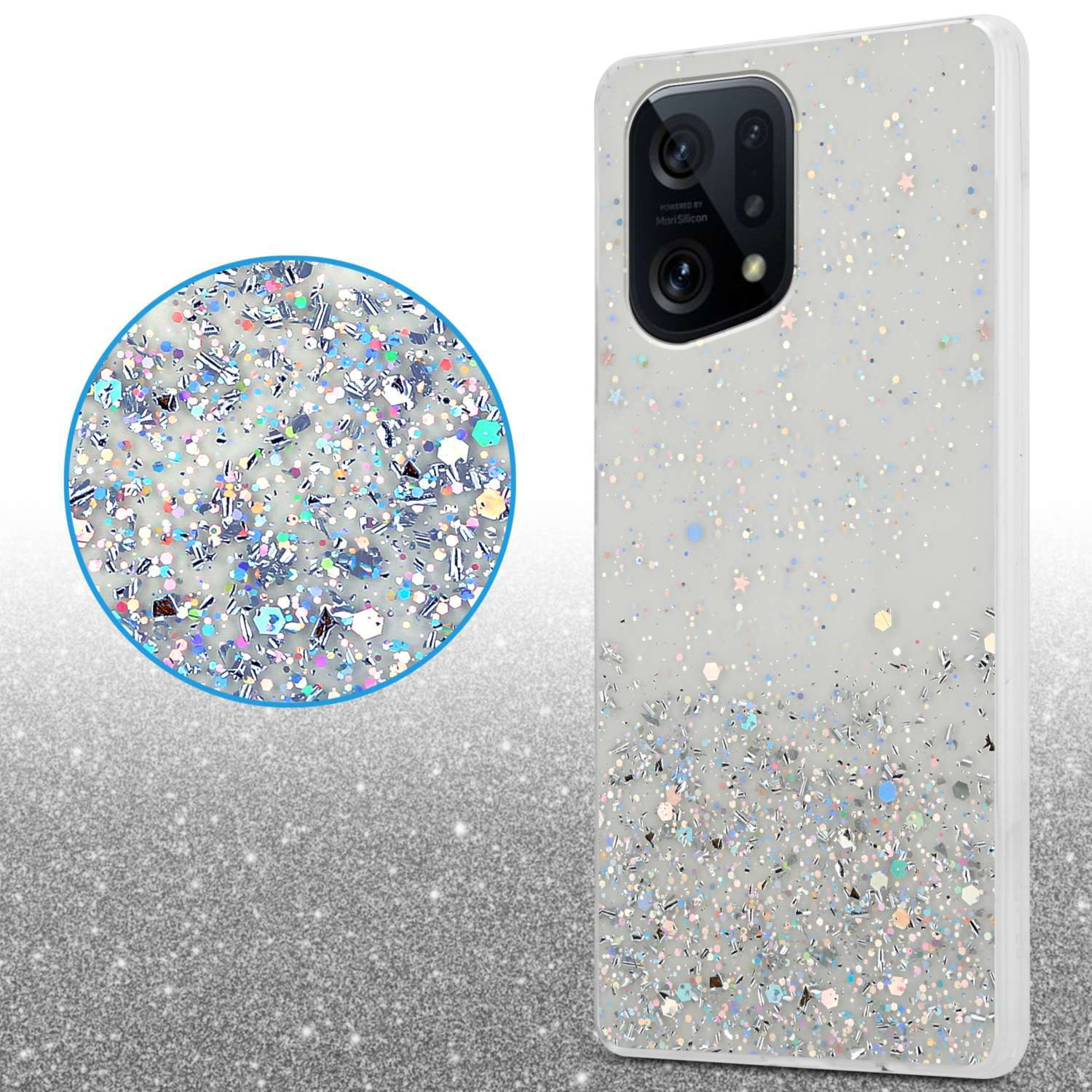 Una custodia per telefono con design glitterato. La custodia è bianca, glitterata e ha un dettaglio rotondo a sinistra.