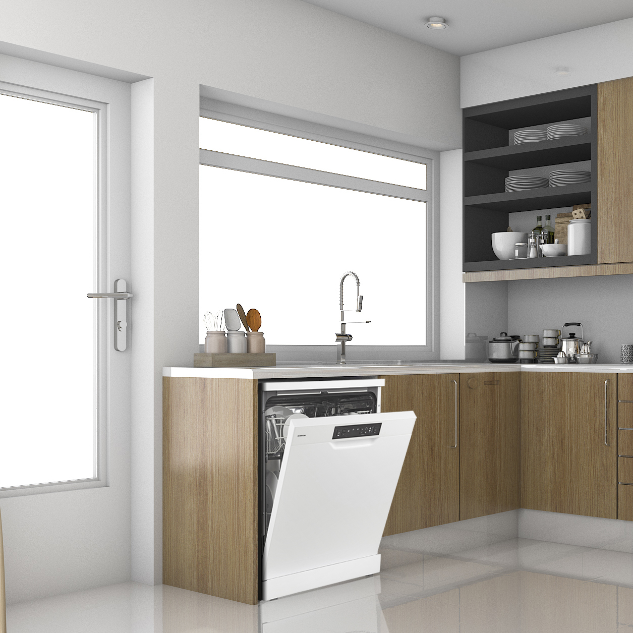 Kitchen interior with open dishwasher. The scene includes cabinets, a window, and utensils.