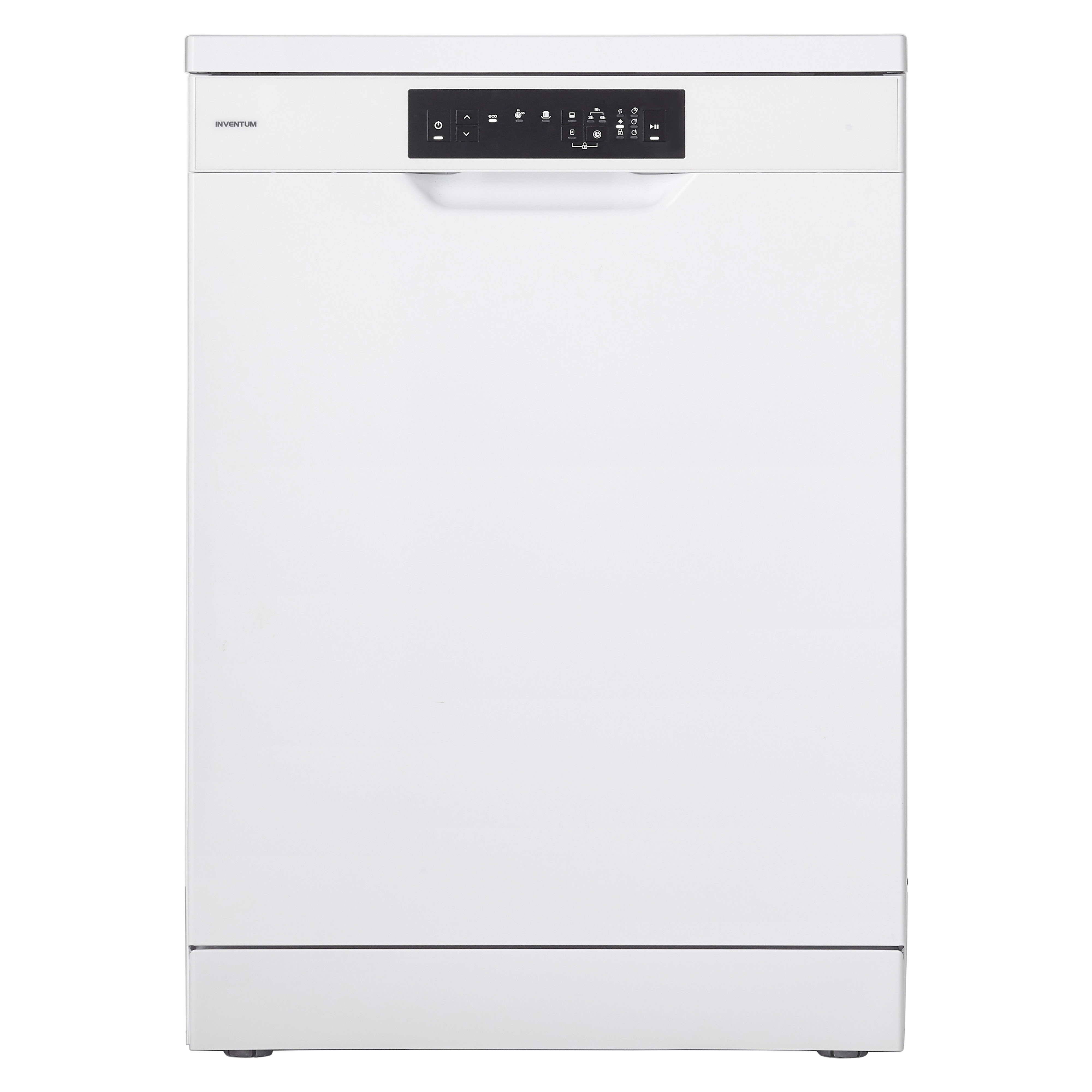 White dishwasher with a black control panel and closed door.