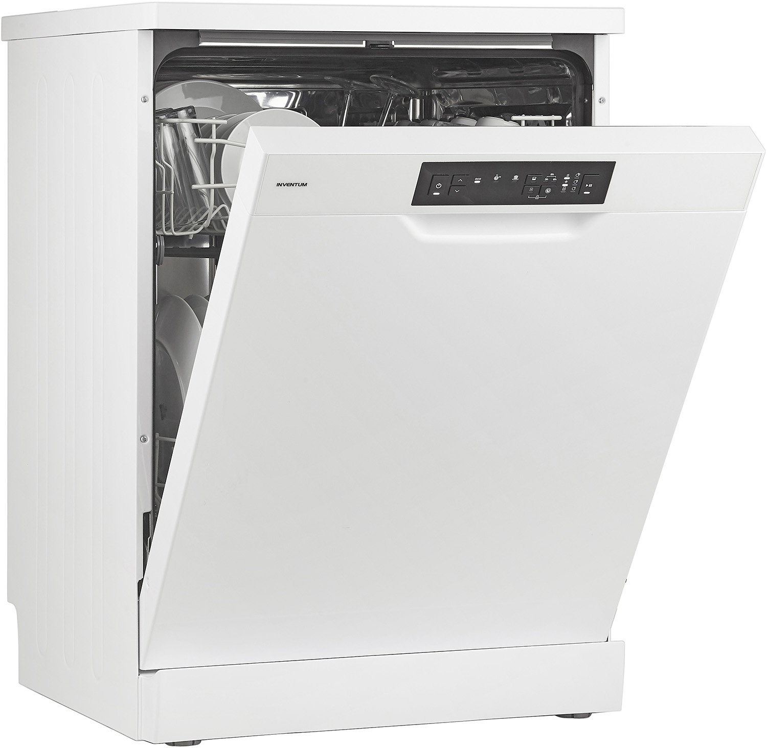 White dishwasher with open door, showing racks and dishes inside.