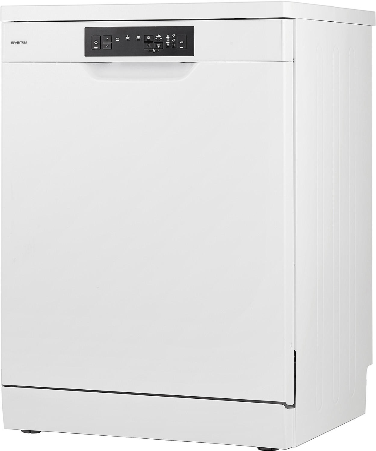 White dishwasher. Front view with control panel at top. Inventum logo at top left.