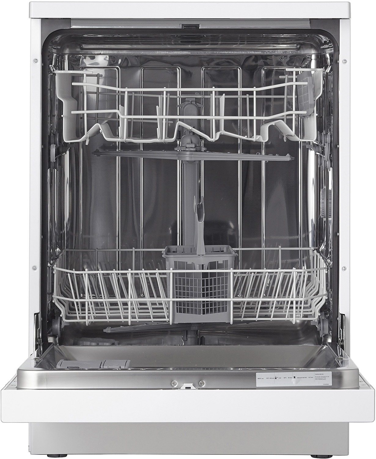 An open dishwasher interior with racks and a utensil basket. The inside is stainless steel.