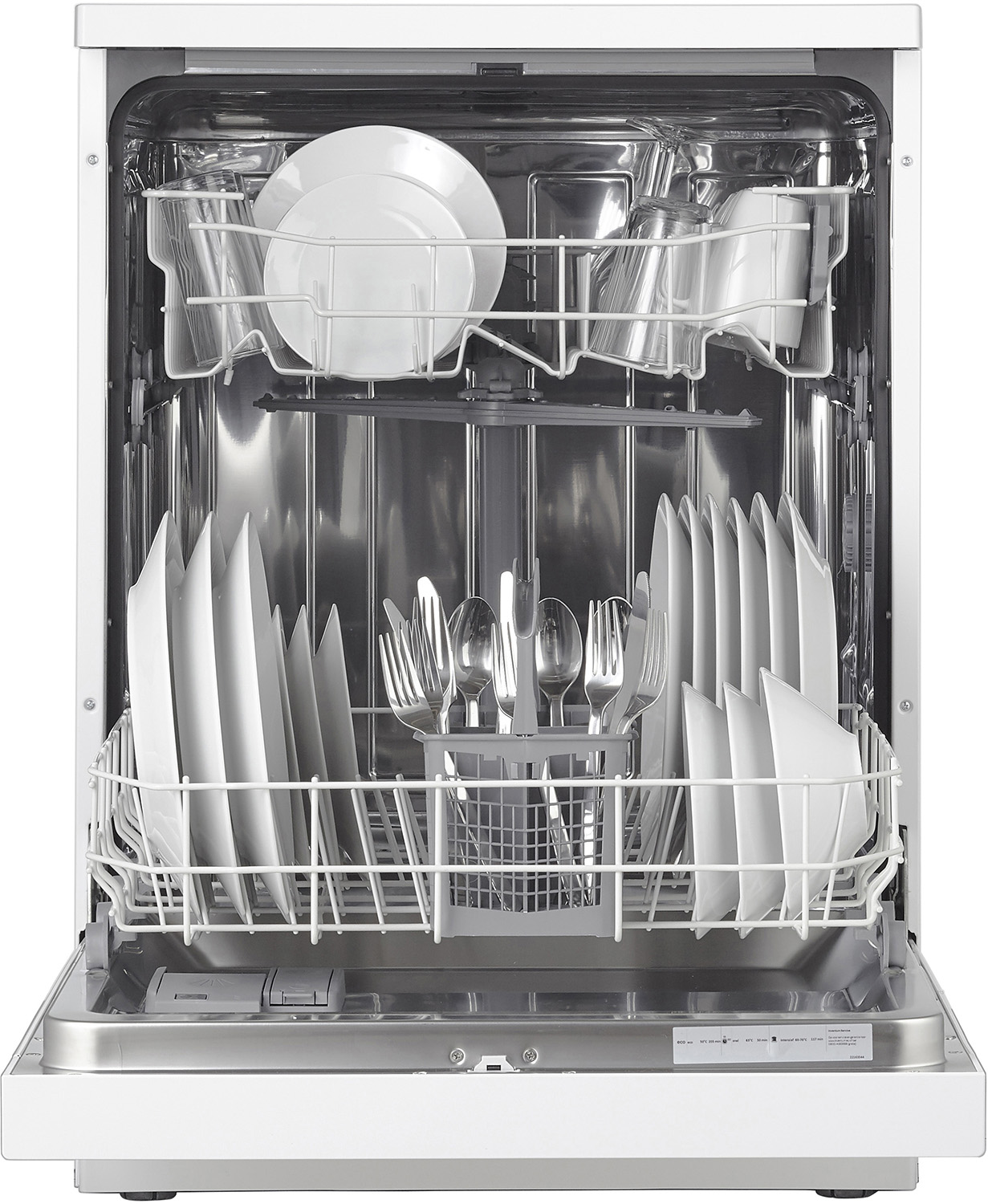 An open dishwasher filled with clean dishes, utensils, and silverware.